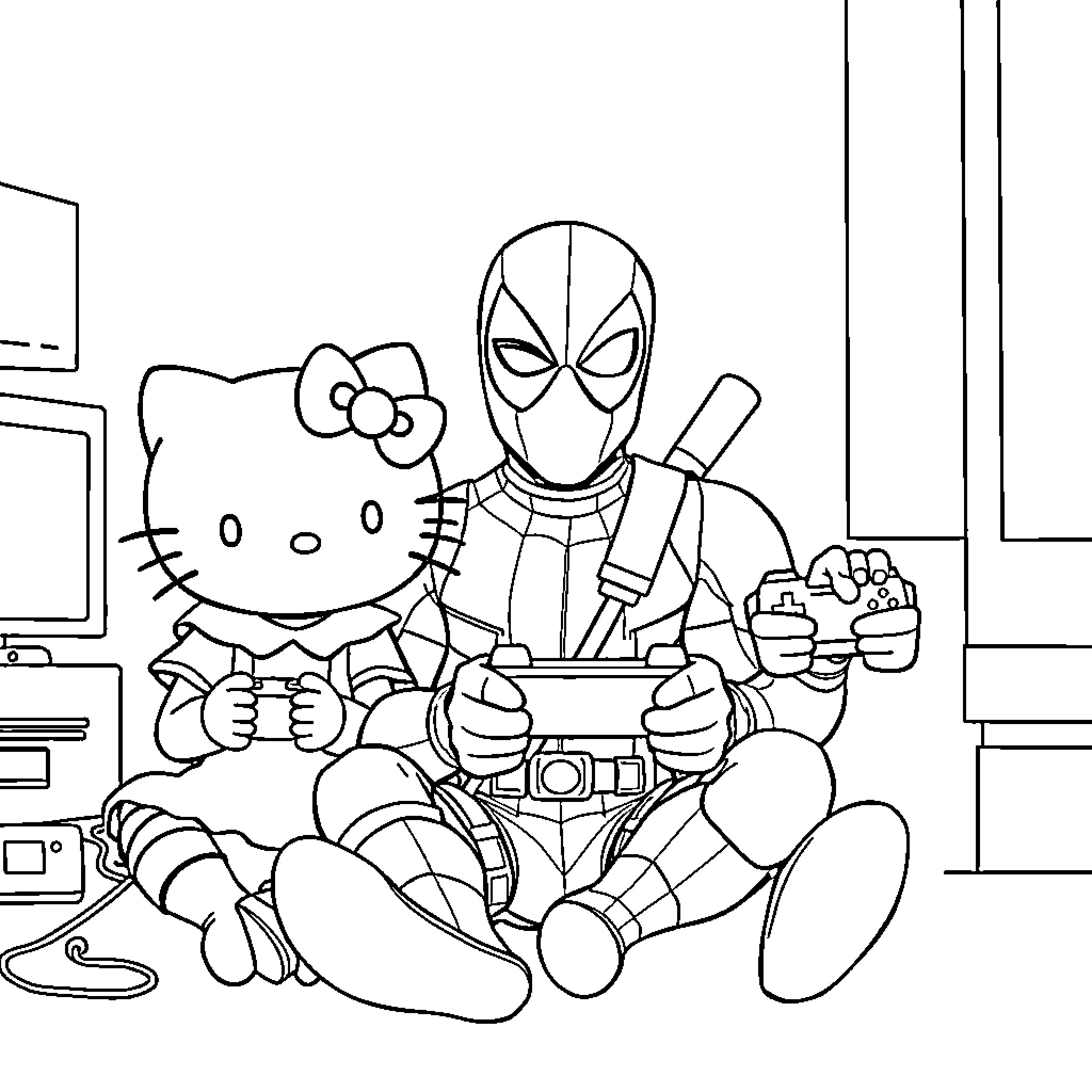 Hello Kitty and Spiderman playing together Coloring Page (free black-and-white line drawing printable PDF for all, from beginners to advanced learners, including children, teens, adults, and seniors)