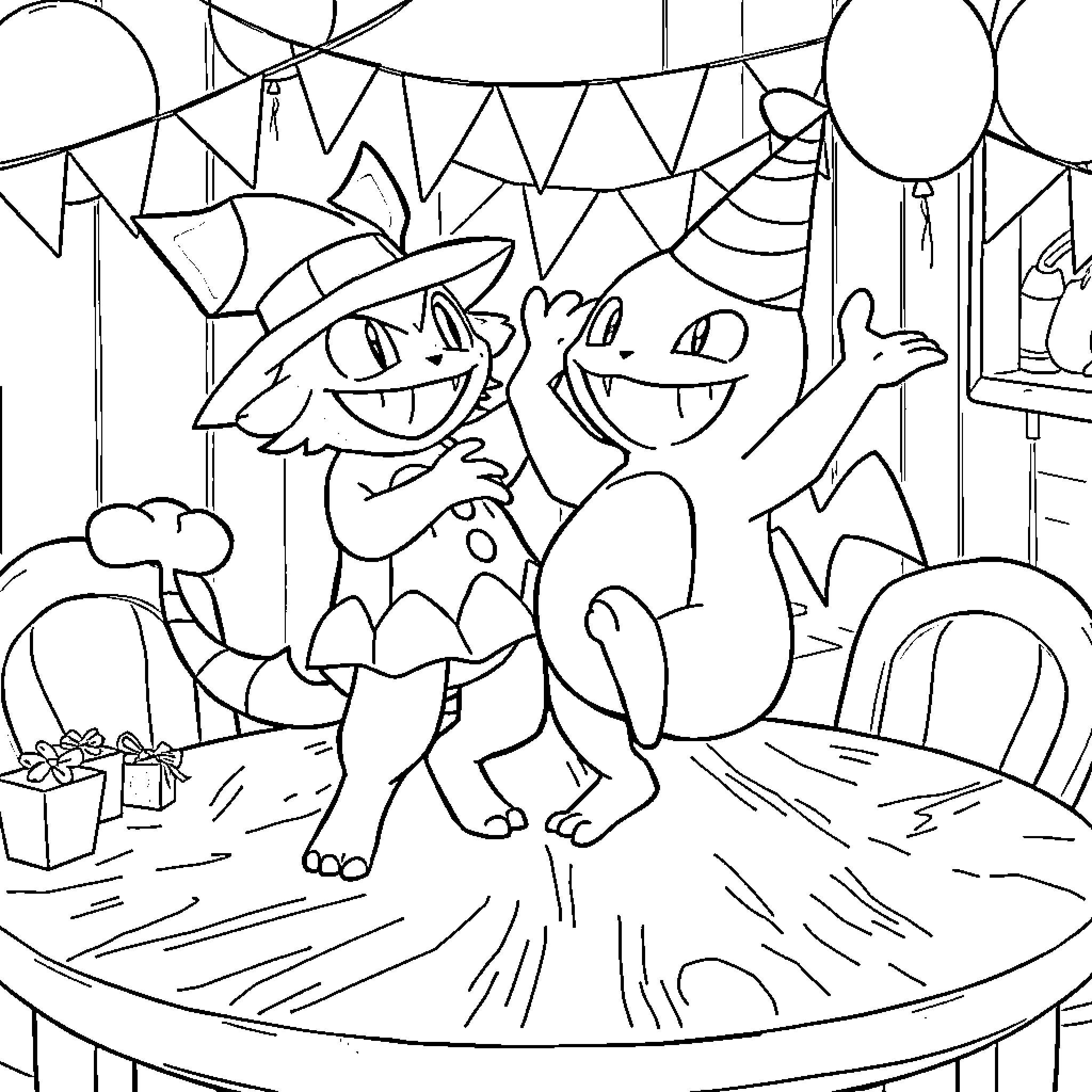 Ludicolo's Festive Celebration Coloring Page (free black-and-white line drawing printable PDF for all, from beginners to advanced learners, including children, teens, adults, and seniors)