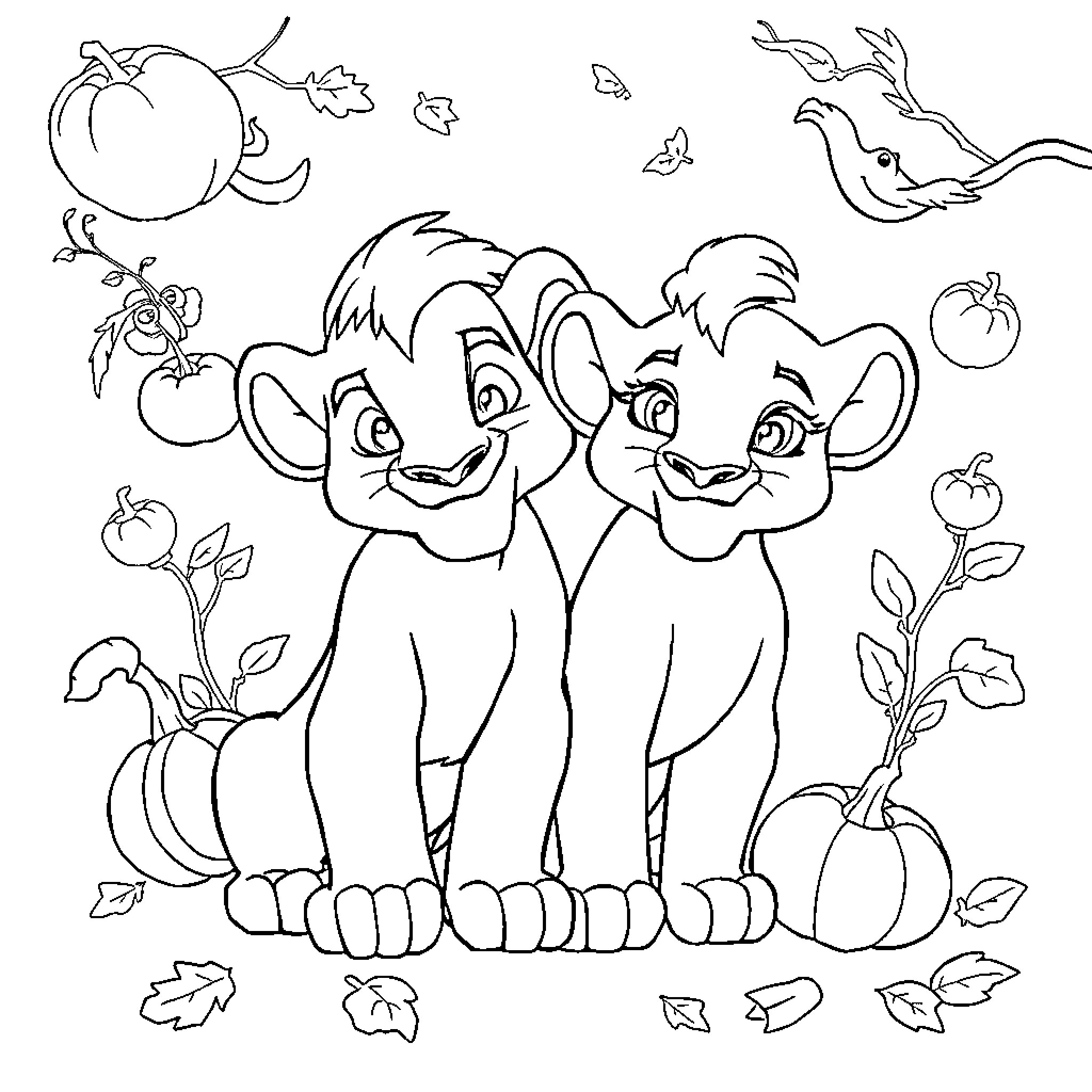 Lion Guard Cartoon Characters Surrounded by Nature Coloring Page (free black-and-white line drawing printable PDF for all, from beginners to advanced learners, including children, teens, adults, and seniors)