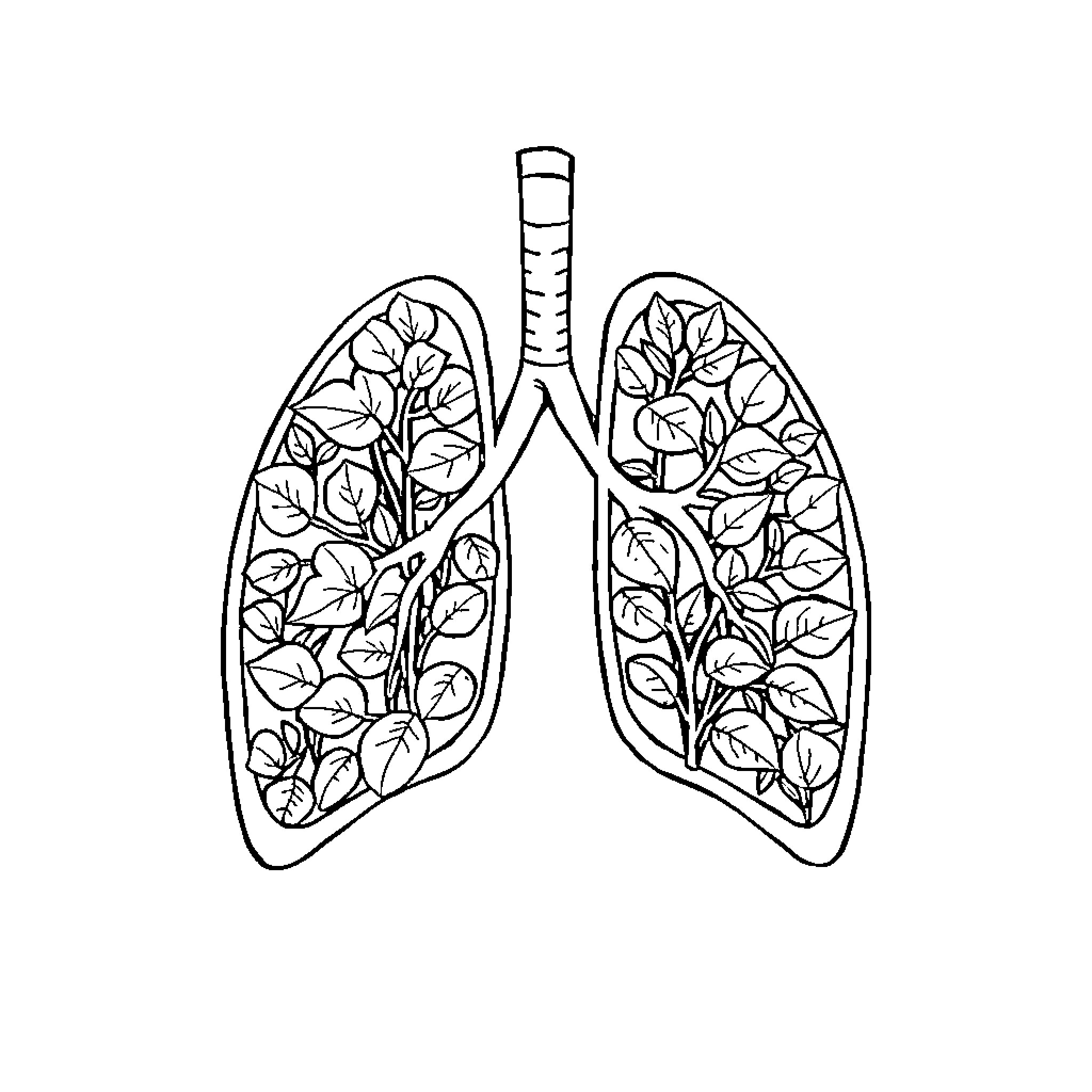 Lungs filled with nature's beauty Coloring Page (free black-and-white line drawing printable PDF for all, from beginners to advanced learners, including children, teens, adults, and seniors)