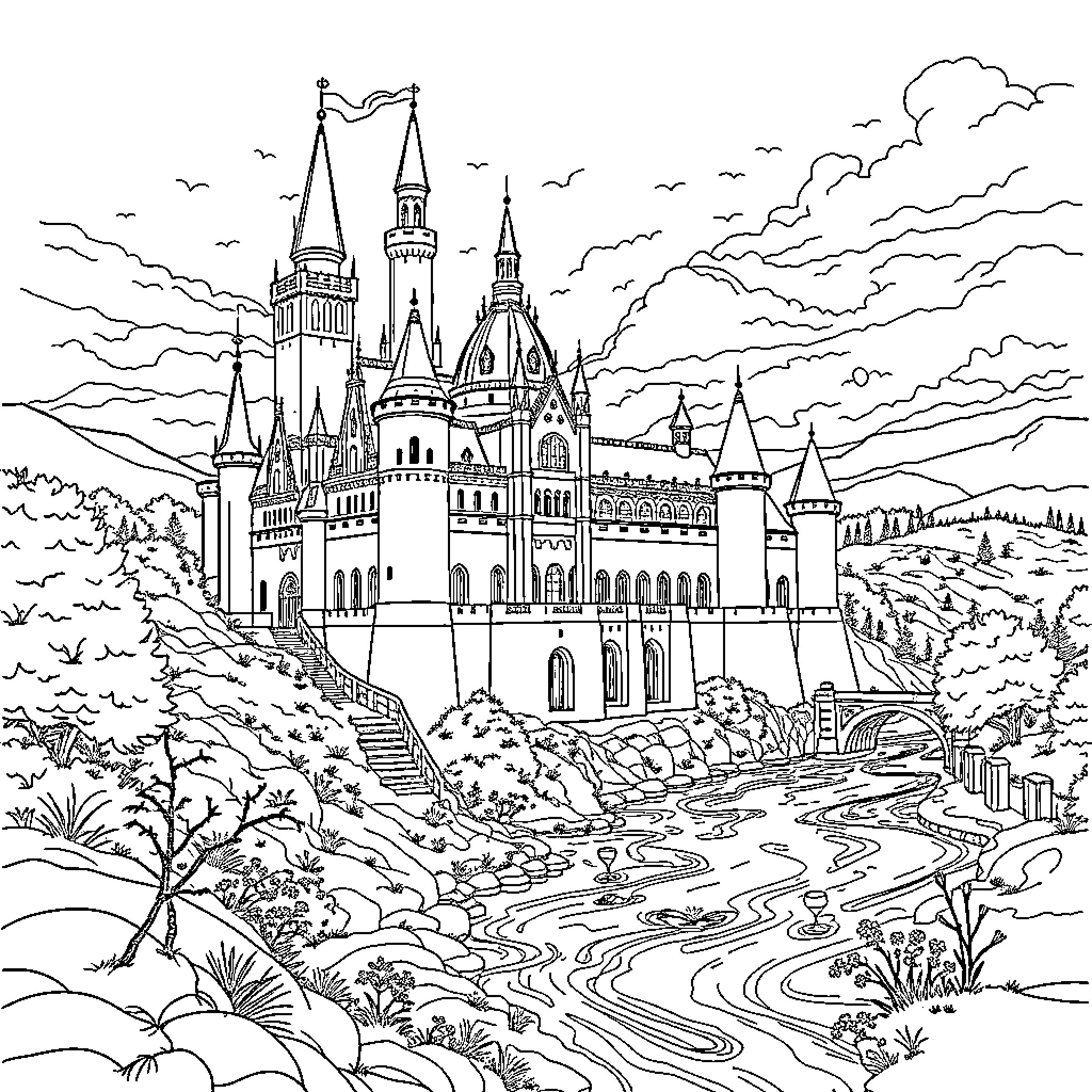Castle of Enchanting Wonder and Imagination Coloring Page (free black-and-white line drawing printable PDF for all, from beginners to advanced learners, including children, teens, adults, and seniors)