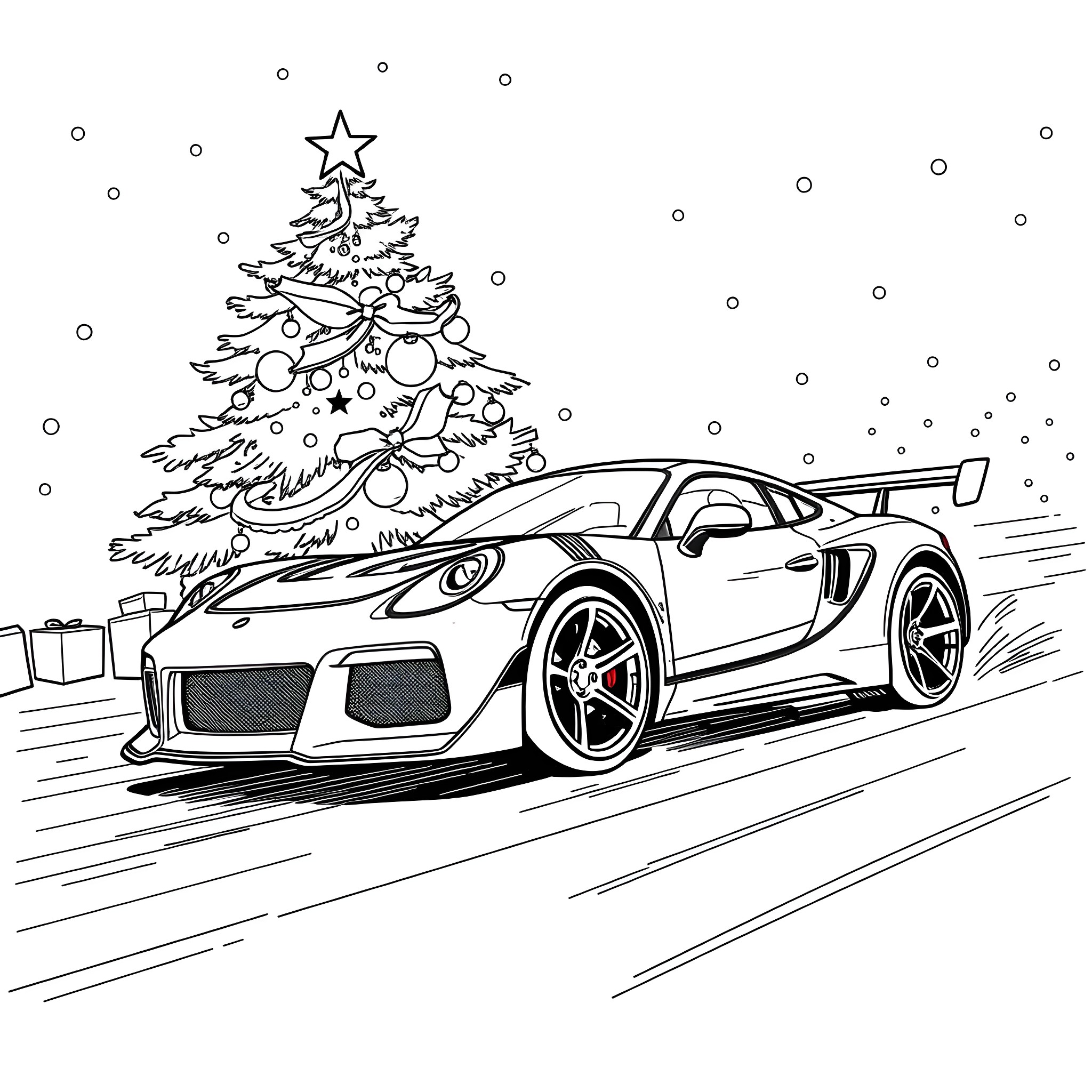 Car speeding past Christmas tree in snowy landscape Coloring Page (free black-and-white line drawing printable PDF for all, from beginners to advanced learners, including children, teens, adults, and seniors)