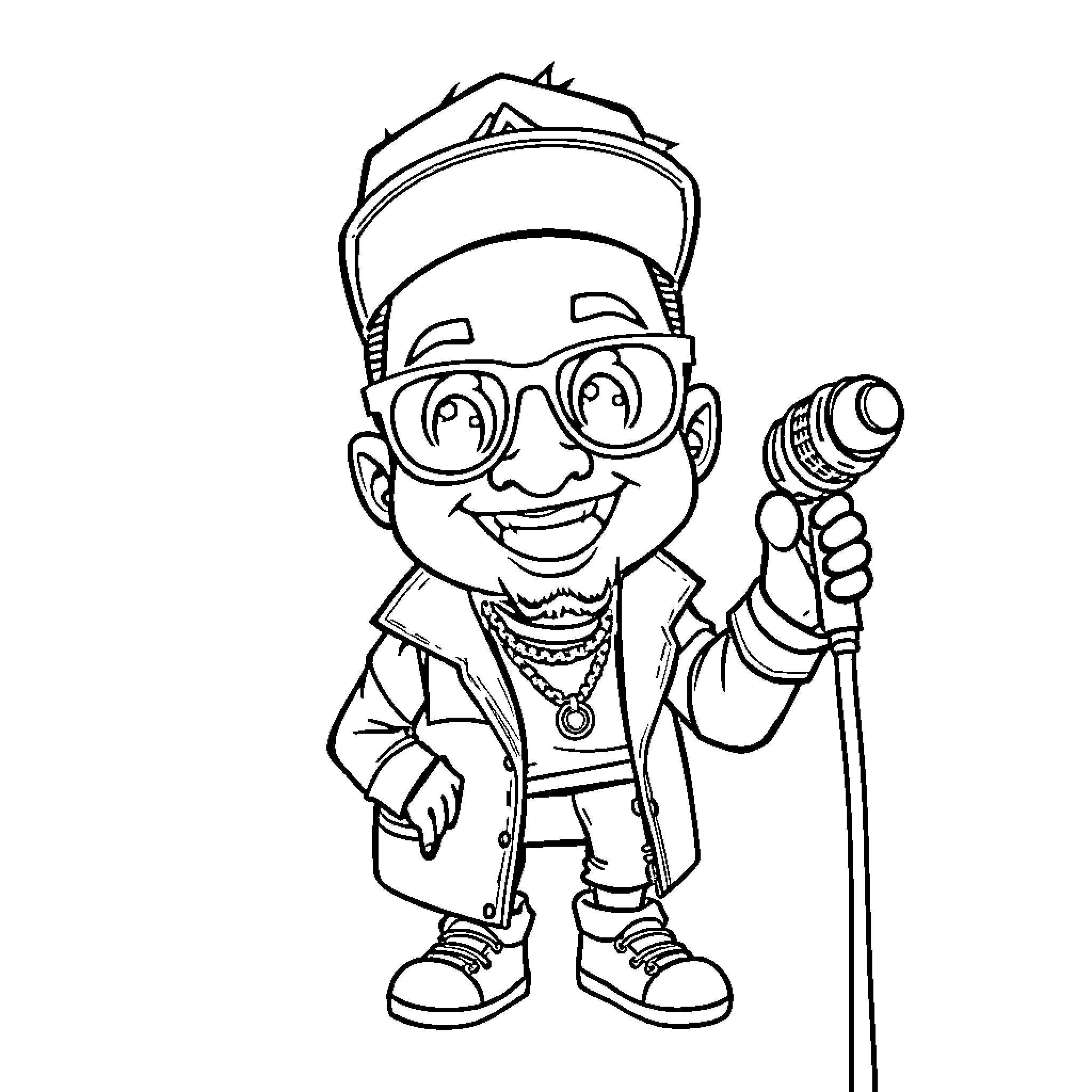Diddy Performing with Microphone and Glasses Coloring Page (free black-and-white line drawing printable PDF for all, from beginners to advanced learners, including children, teens, adults, and seniors)