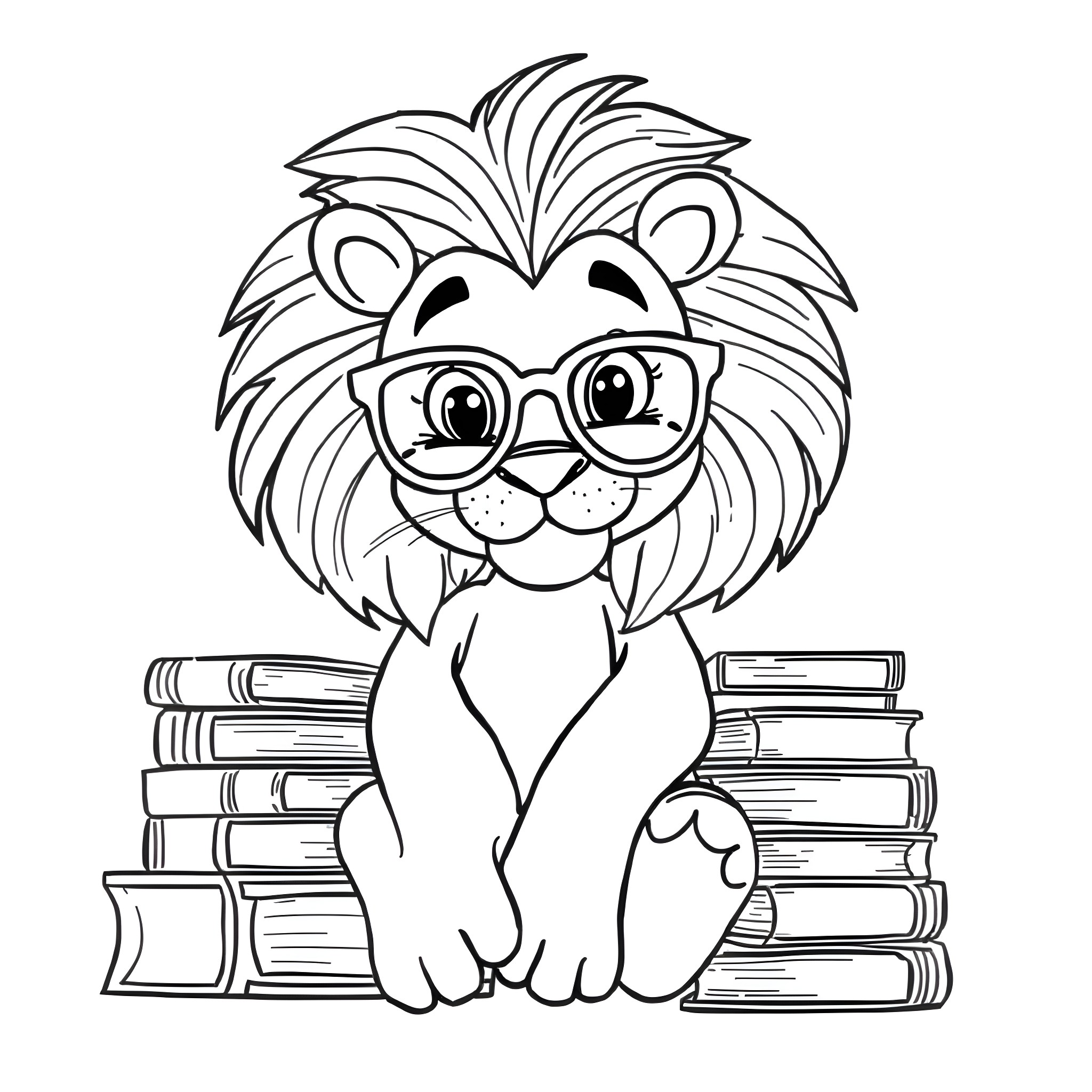 Lion with Glasses Sitting Among Books Coloring Page (free black-and-white line drawing printable PDF for all, from beginners to advanced learners, including children, teens, adults, and seniors)