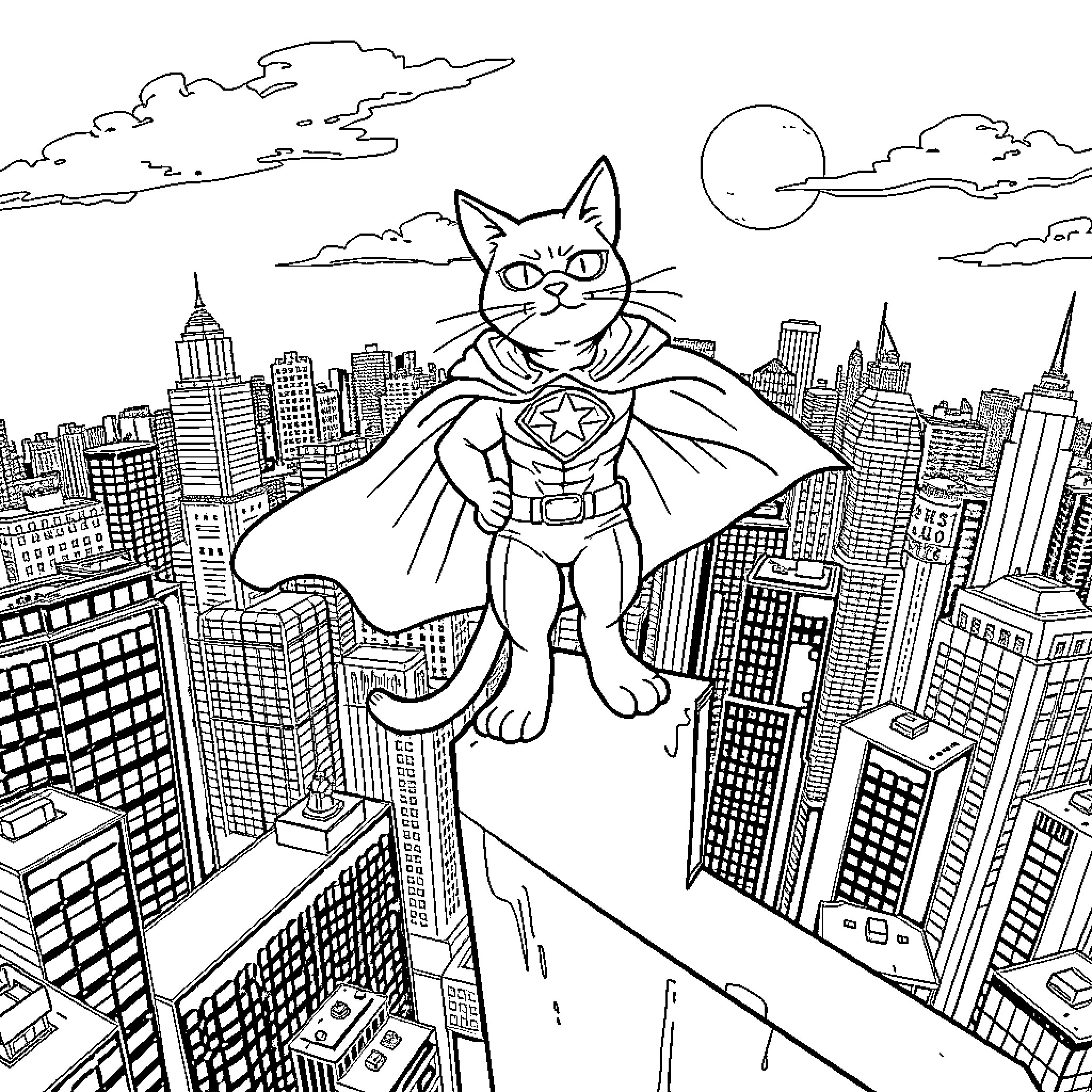 Superhero Cat flying over the city skyline Coloring Page (free black-and-white line drawing printable PDF for all, from beginners to advanced learners, including children, teens, adults, and seniors)