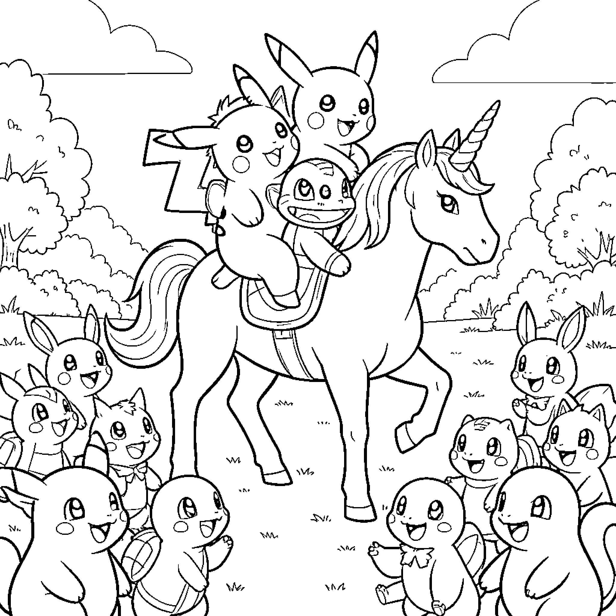 Pikachu and friends enjoying a day in nature Coloring Page (free black-and-white line drawing printable PDF for all, from beginners to advanced learners, including children, teens, adults, and seniors)
