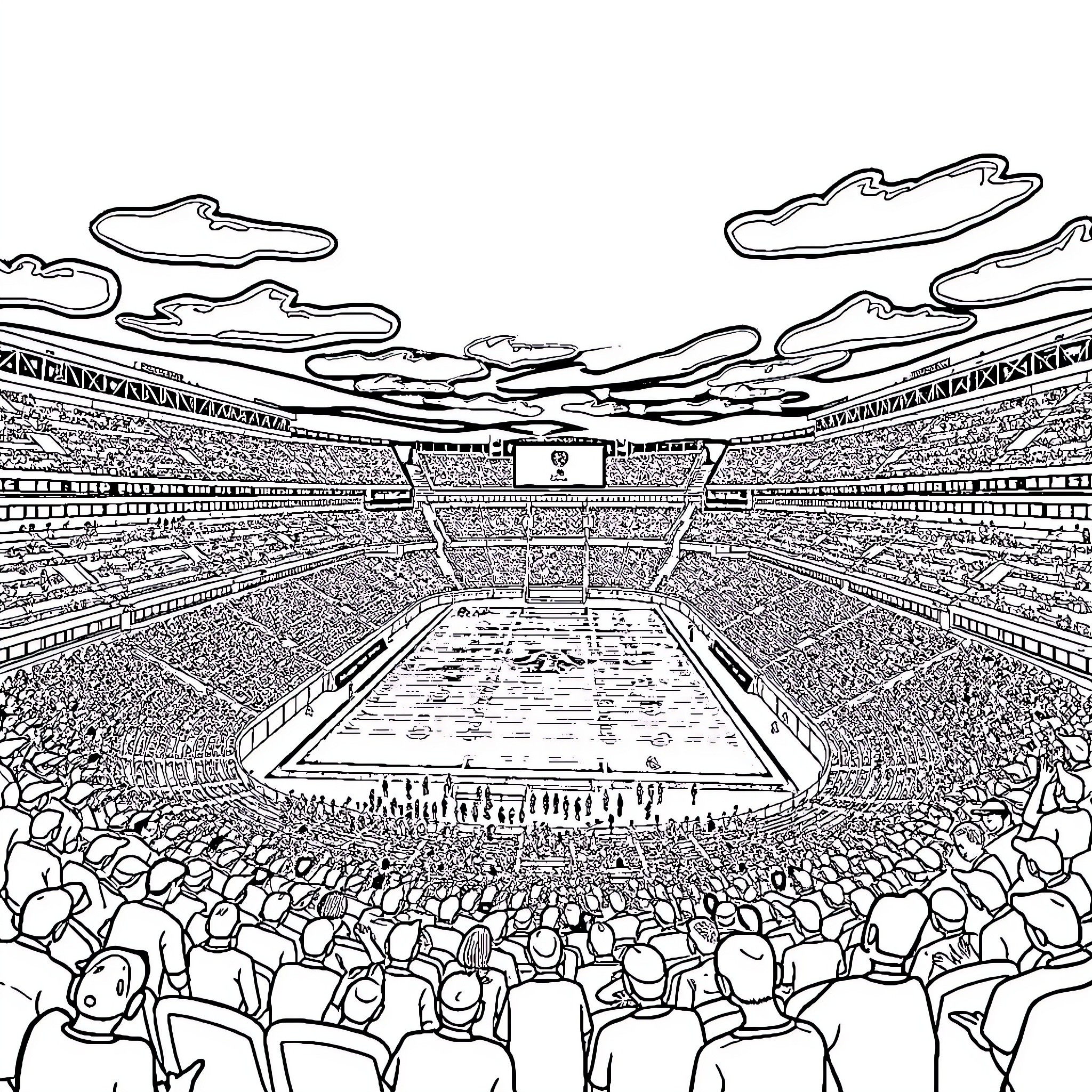 Stadium filled with cheering spectators during sporting event Coloring Page (free black-and-white line drawing printable PDF for all, from beginners to advanced learners, including children, teens, adults, and seniors)