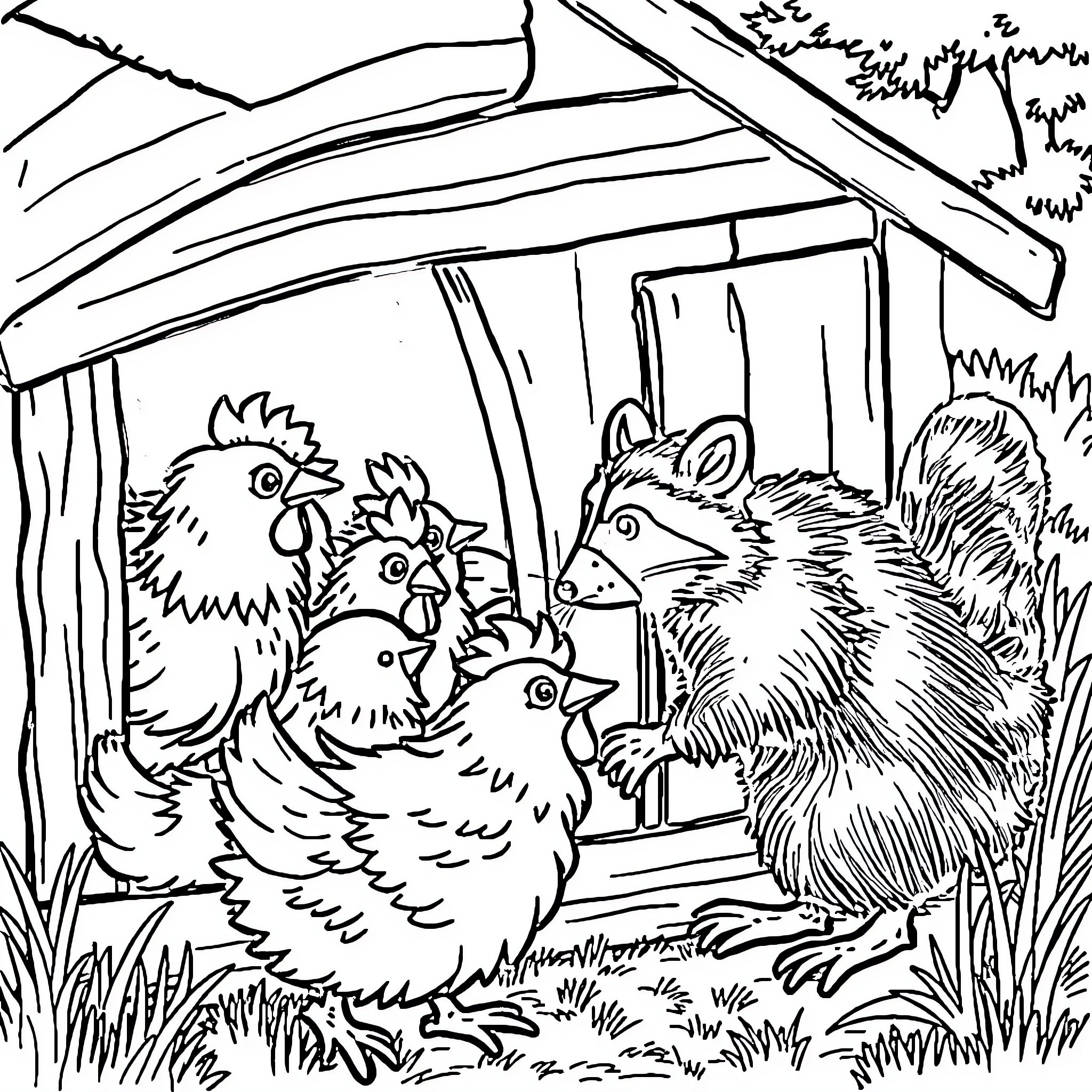 Chicken and Raccoon Encounter in the Countryside Coloring Page (free black-and-white line drawing printable PDF for all, from beginners to advanced learners, including children, teens, adults, and seniors)