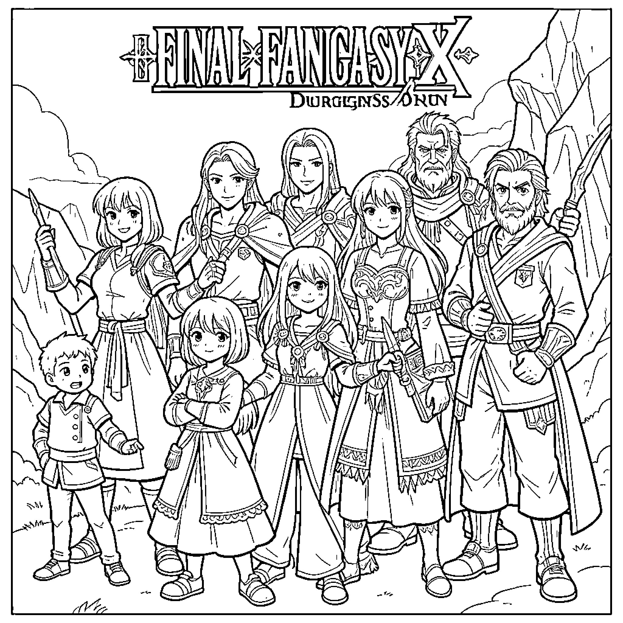 Characters posing together in epic fantasy outfits Coloring Page (free black-and-white line drawing printable PDF for all, from beginners to advanced learners, including children, teens, adults, and seniors)