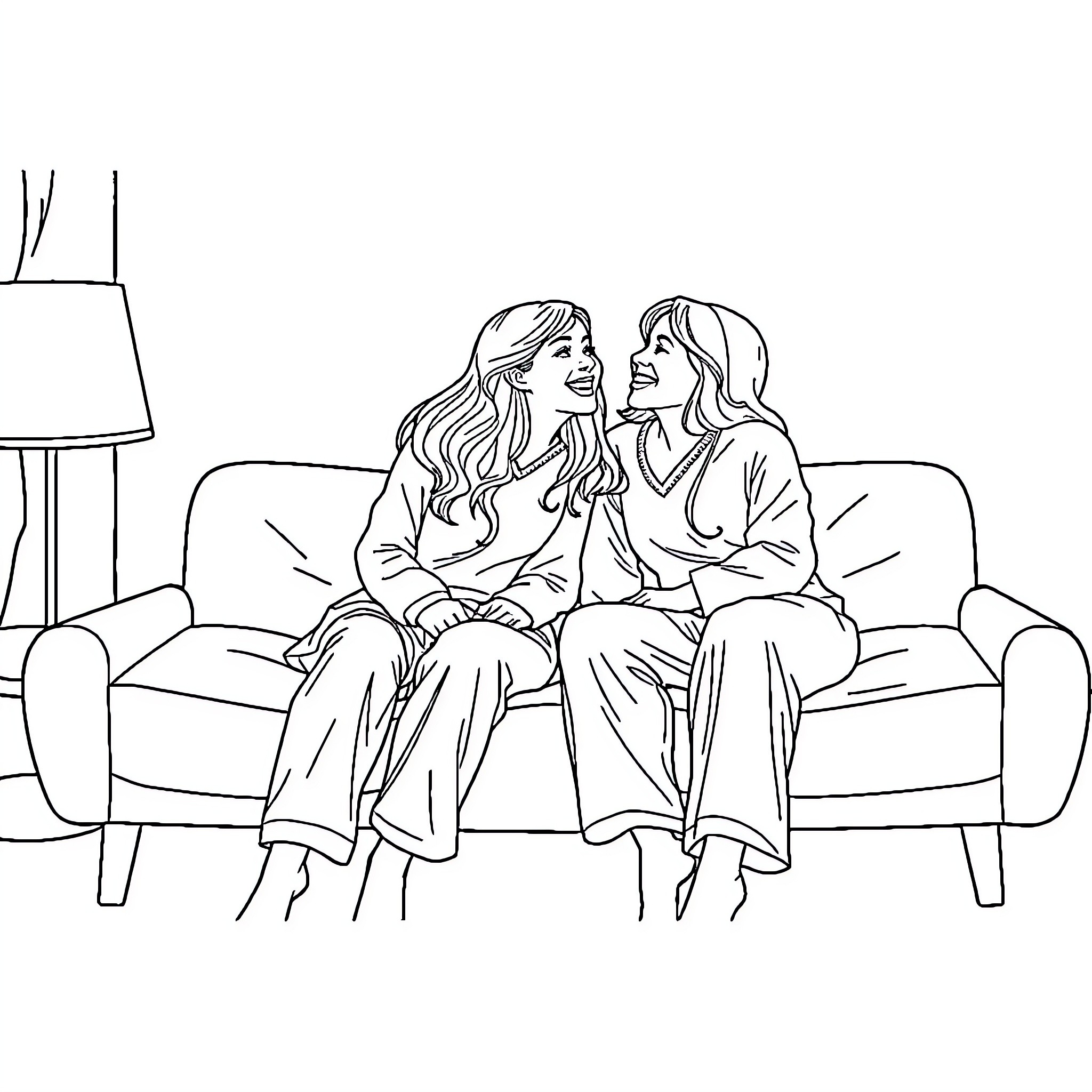 Women sharing a joyful moment on the sofa Coloring Page (free black-and-white line drawing printable PDF for all, from beginners to advanced learners, including children, teens, adults, and seniors)