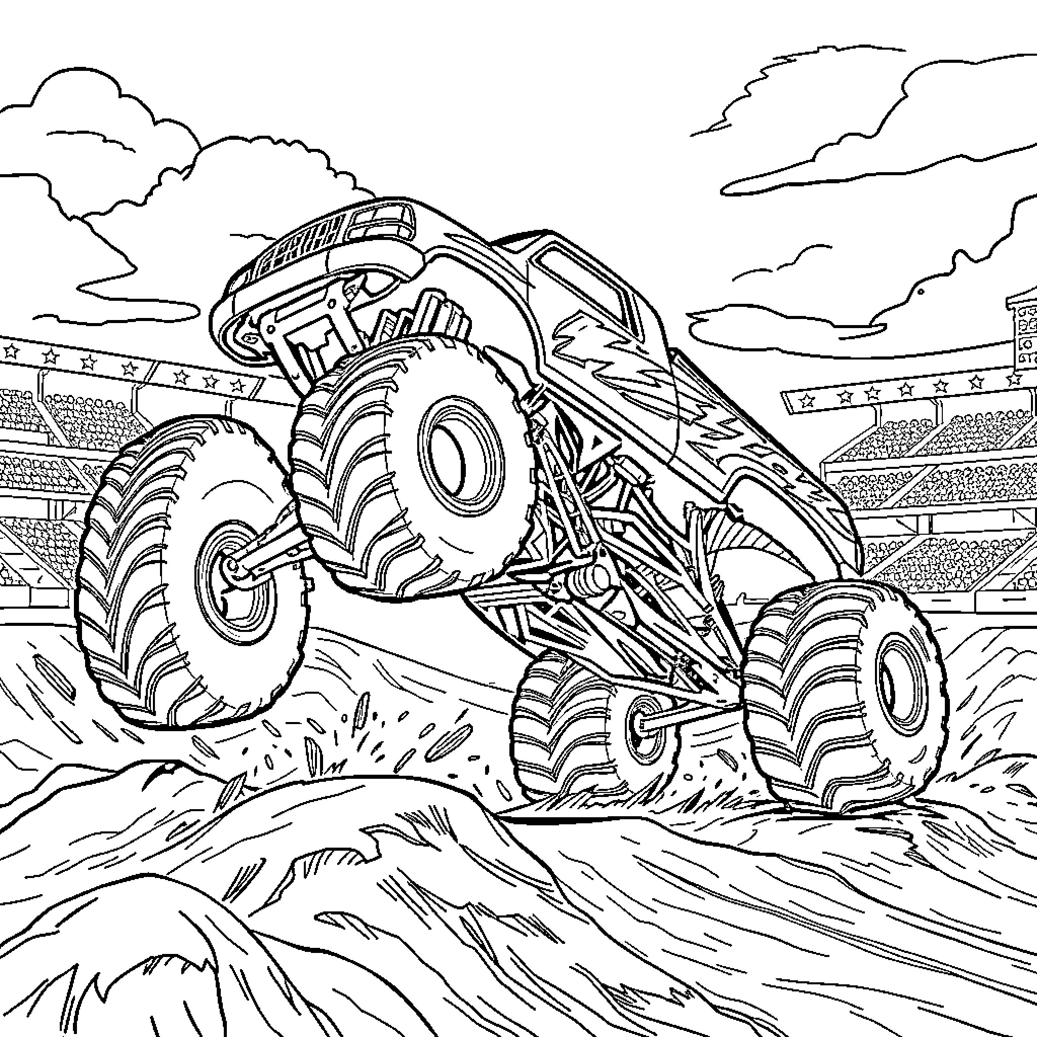 Truck performing stunt at monster truck rally Coloring Page (free black-and-white line drawing printable PDF for all, from beginners to advanced learners, including children, teens, adults, and seniors)