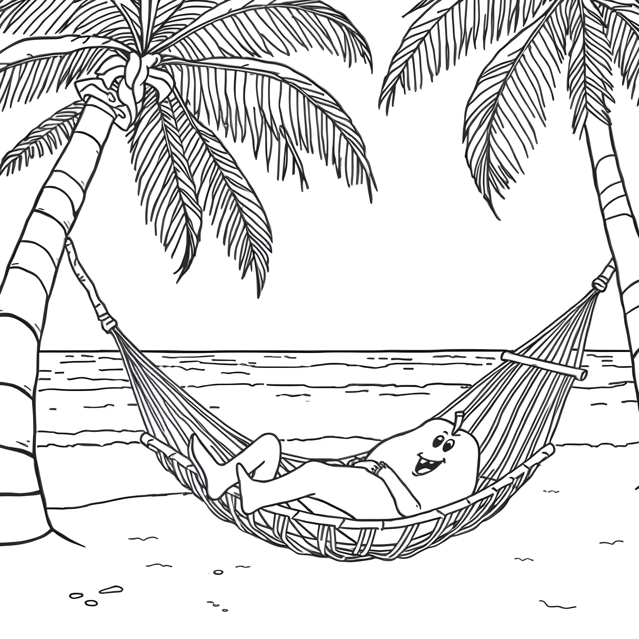 Apple-Shaped Man Relaxing in a Hammock under Palm Trees Coloring Page (free black-and-white line drawing printable PDF for all, from beginners to advanced learners, including children, teens, adults, and seniors)