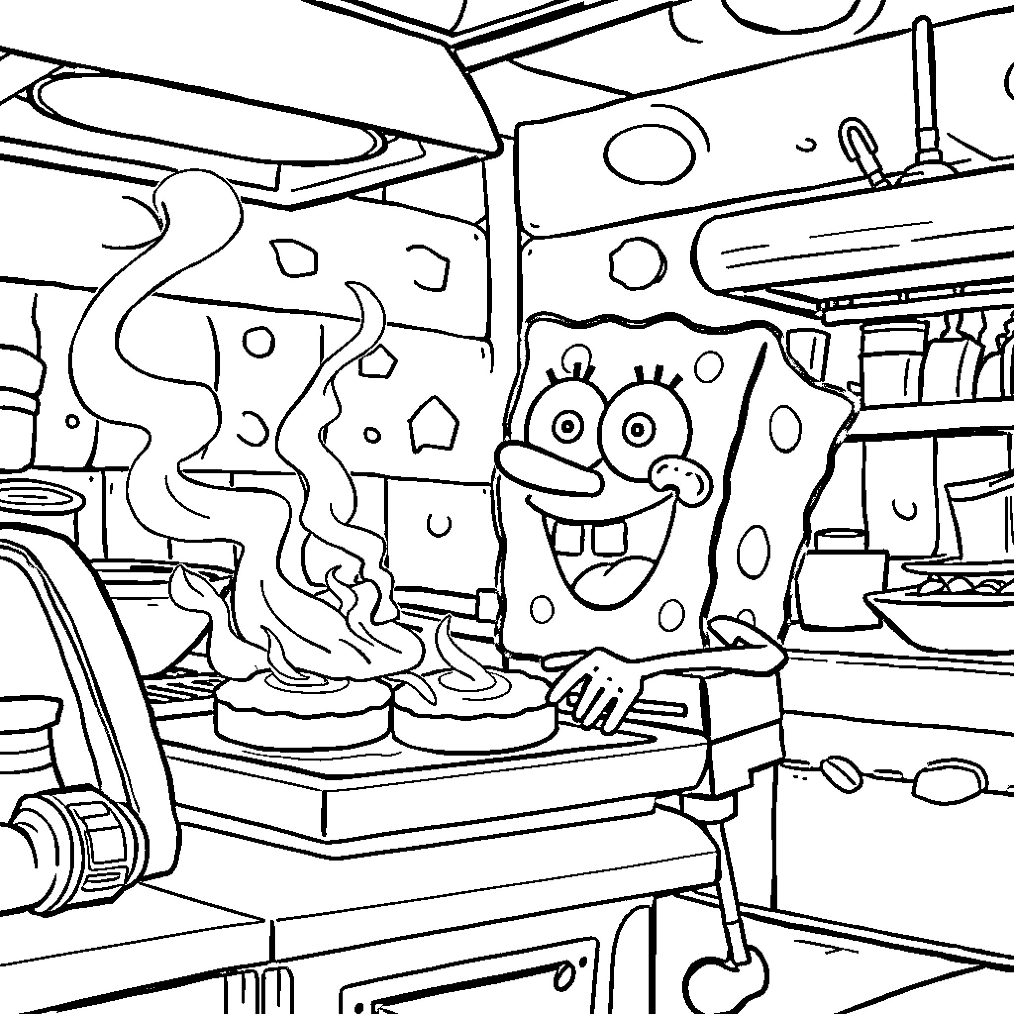 Spongebob's Mischievous Adventures in the Krusty Krab Kitchen Coloring Page (free black-and-white line drawing printable PDF for all, from beginners to advanced learners, including children, teens, adults, and seniors)