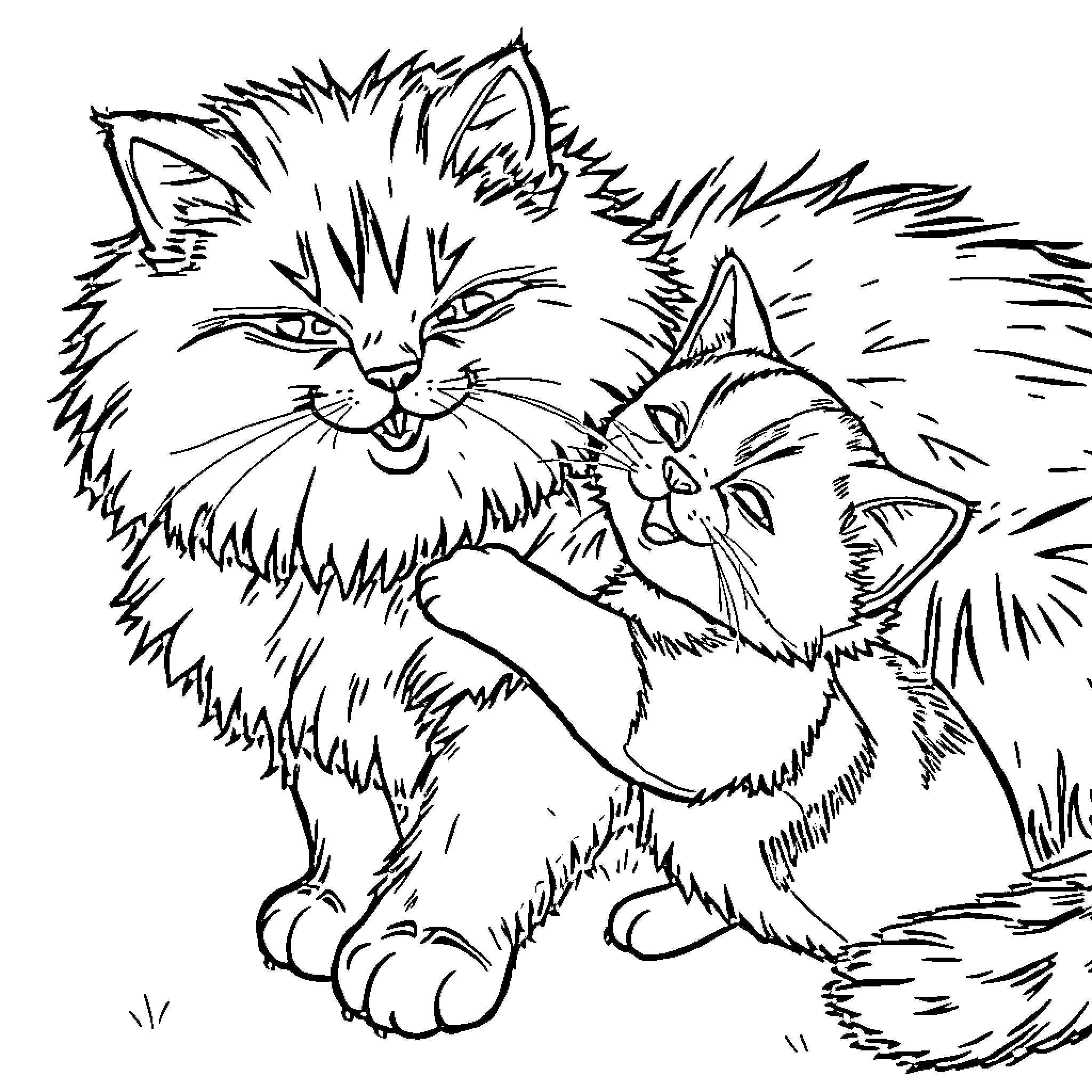 Cat Kittens Playing Playfully Coloring Page (free black-and-white line drawing printable PDF for all, from beginners to advanced learners, including children, teens, adults, and seniors)