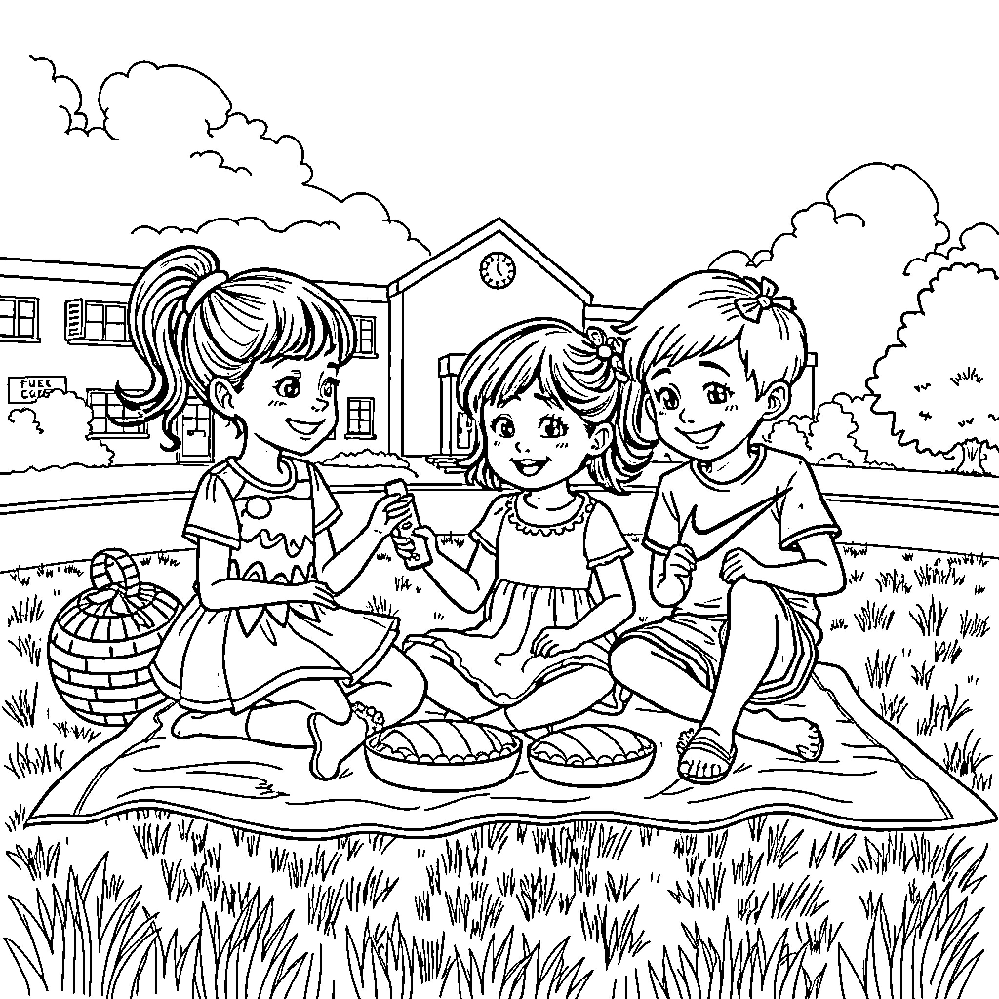 Children Enjoying a Picnic on the Lawn Coloring Page (free black-and-white line drawing printable PDF for all, from beginners to advanced learners, including children, teens, adults, and seniors)
