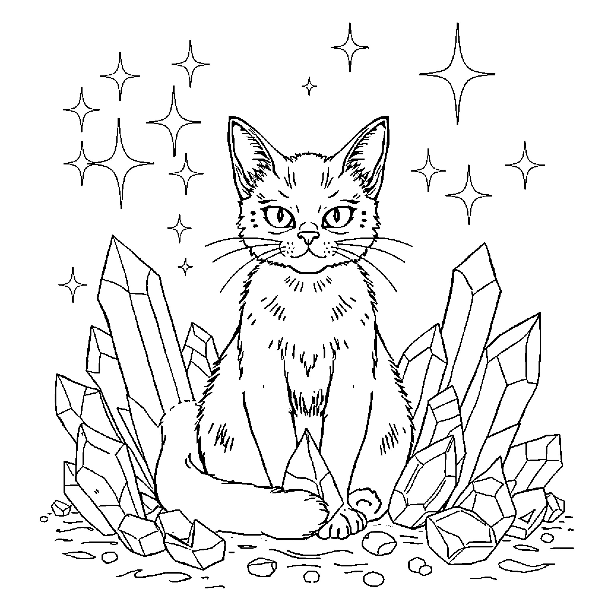 Cat among mystical crystals and stars Coloring Page (free black-and-white line drawing printable PDF for all, from beginners to advanced learners, including children, teens, adults, and seniors)