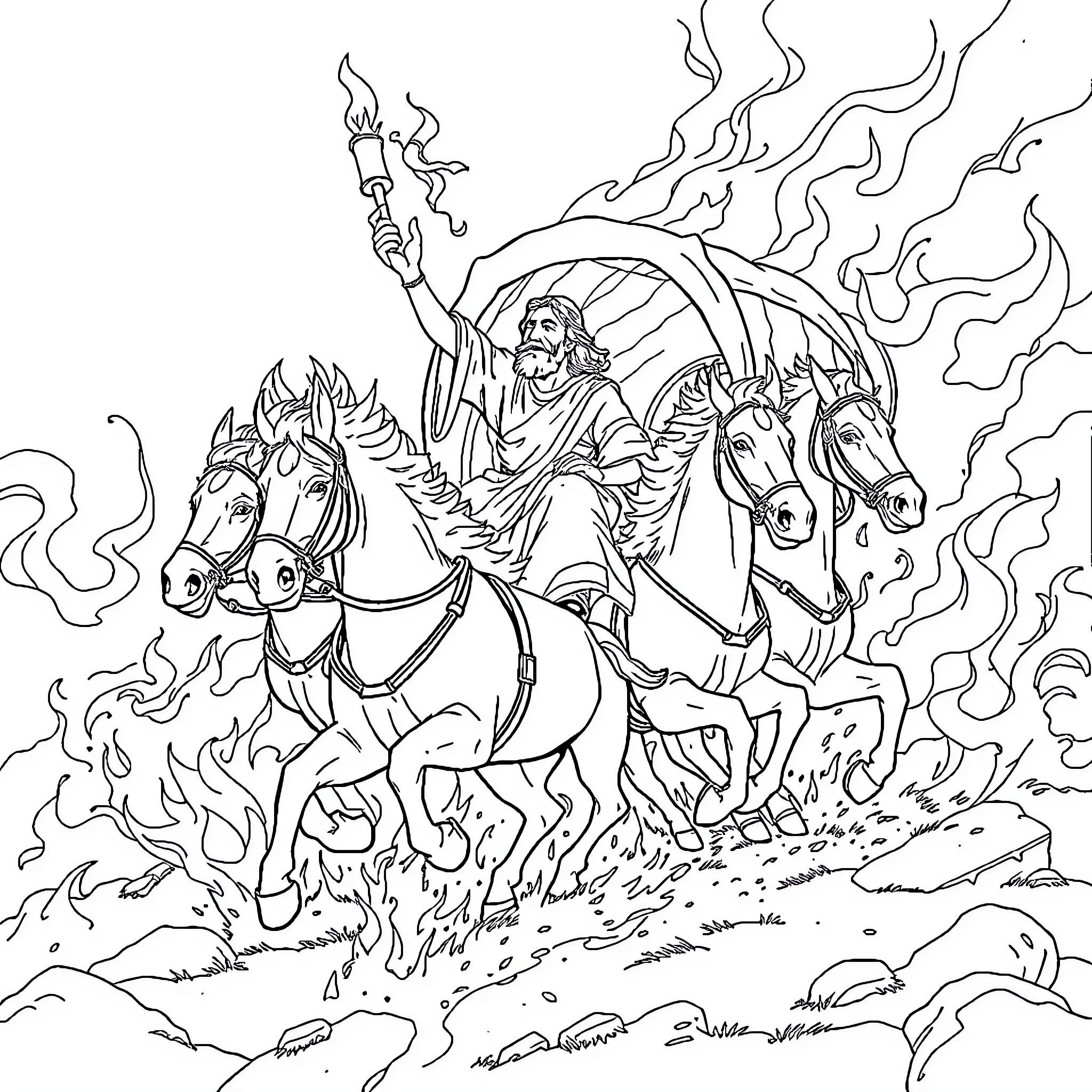 Elijah riding on fiery chariots with horses Coloring Page (free black-and-white line drawing printable PDF for all, from beginners to advanced learners, including children, teens, adults, and seniors)