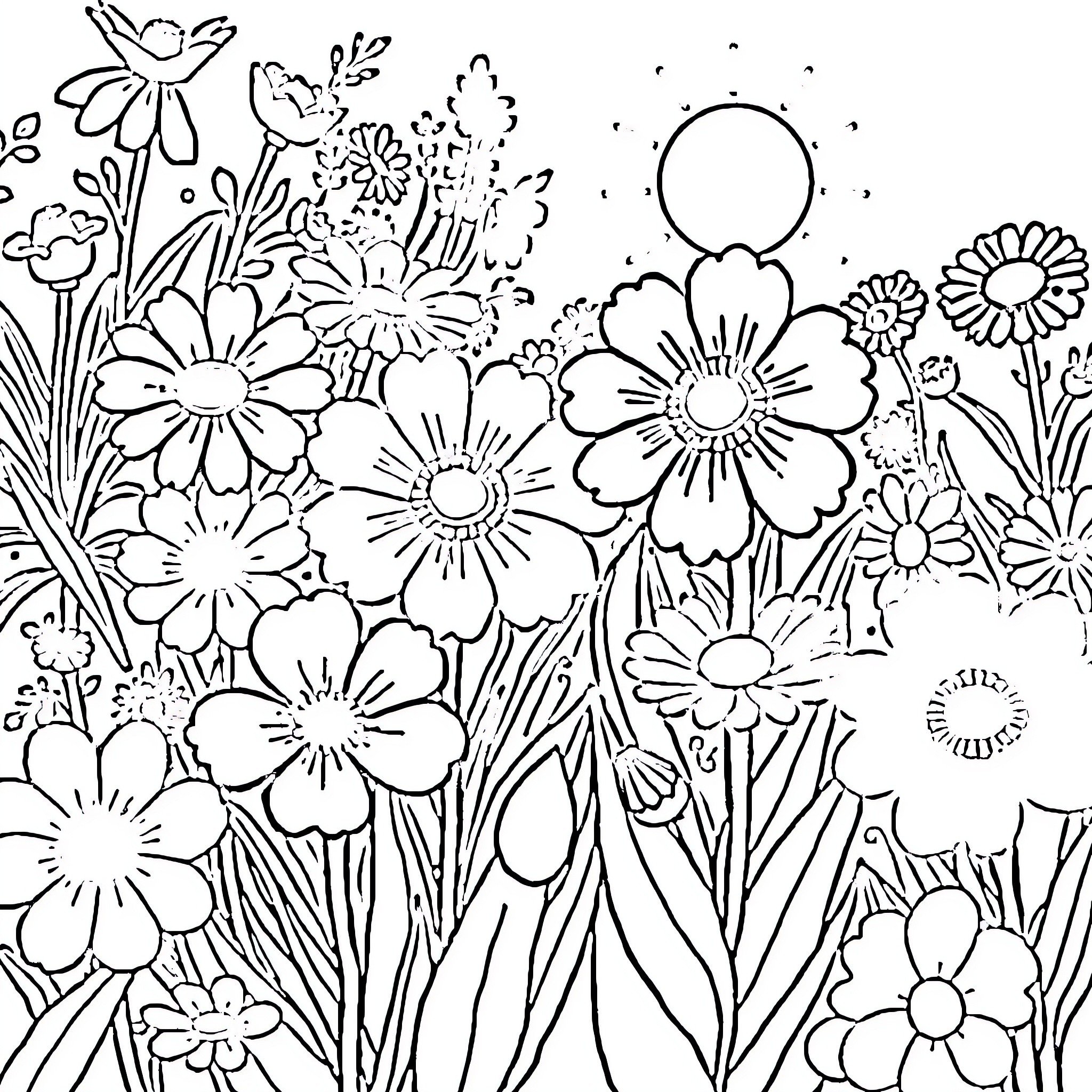 Flower field with blooming flowers Coloring Page (free black-and-white line drawing printable PDF for all, from beginners to advanced learners, including children, teens, adults, and seniors)