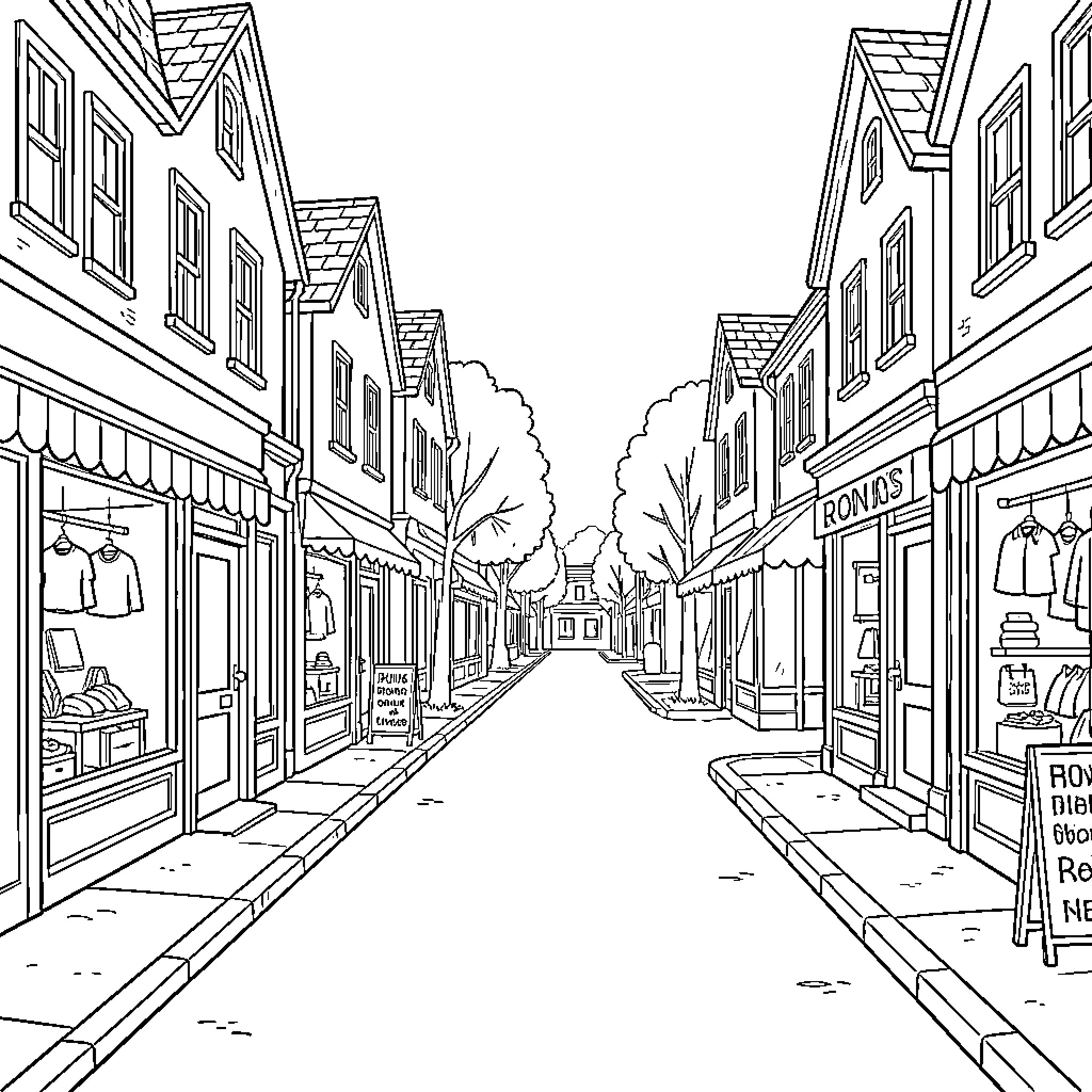 JLN peaceful street view of village shops and houses Coloring Page (free black-and-white line drawing printable PDF for all, from beginners to advanced learners, including children, teens, adults, and seniors)