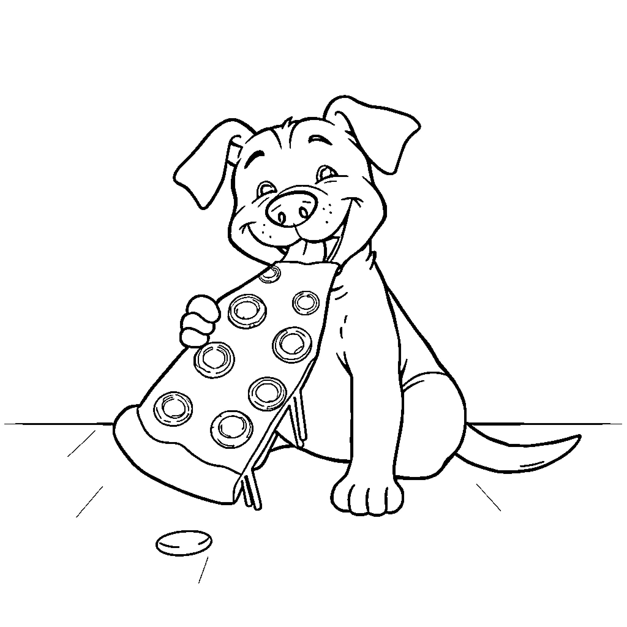Dog playing with toys on the floor Coloring Page (free black-and-white line drawing printable PDF for all, from beginners to advanced learners, including children, teens, adults, and seniors)