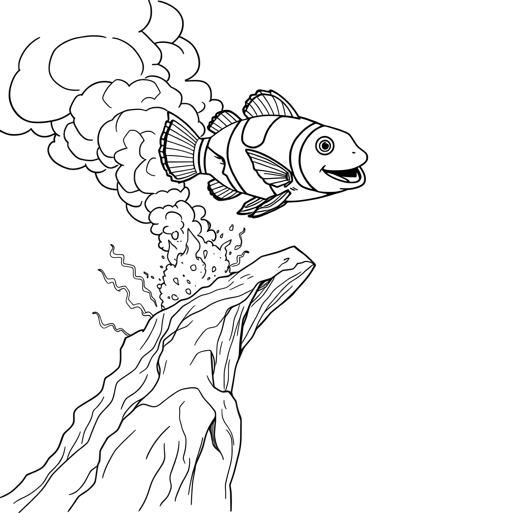 Marlin Blowing Bubbles Near Rocky Underwater Scene Coloring Page (free black-and-white line drawing printable PDF for all, from beginners to advanced learners, including children, teens, adults, and seniors)