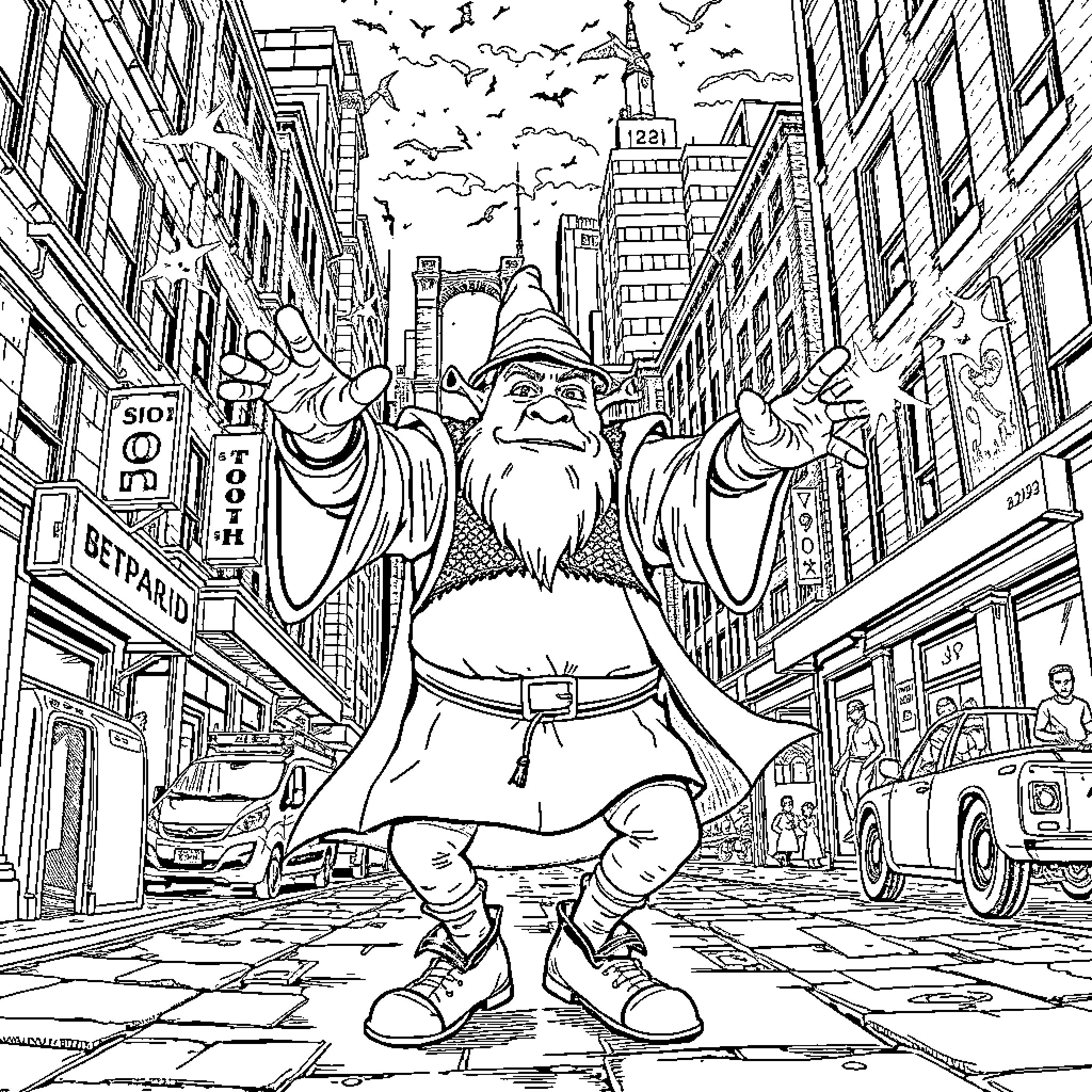 Wizard strolling through a bustling urban landscape Coloring Page (free black-and-white line drawing printable PDF for all, from beginners to advanced learners, including children, teens, adults, and seniors)