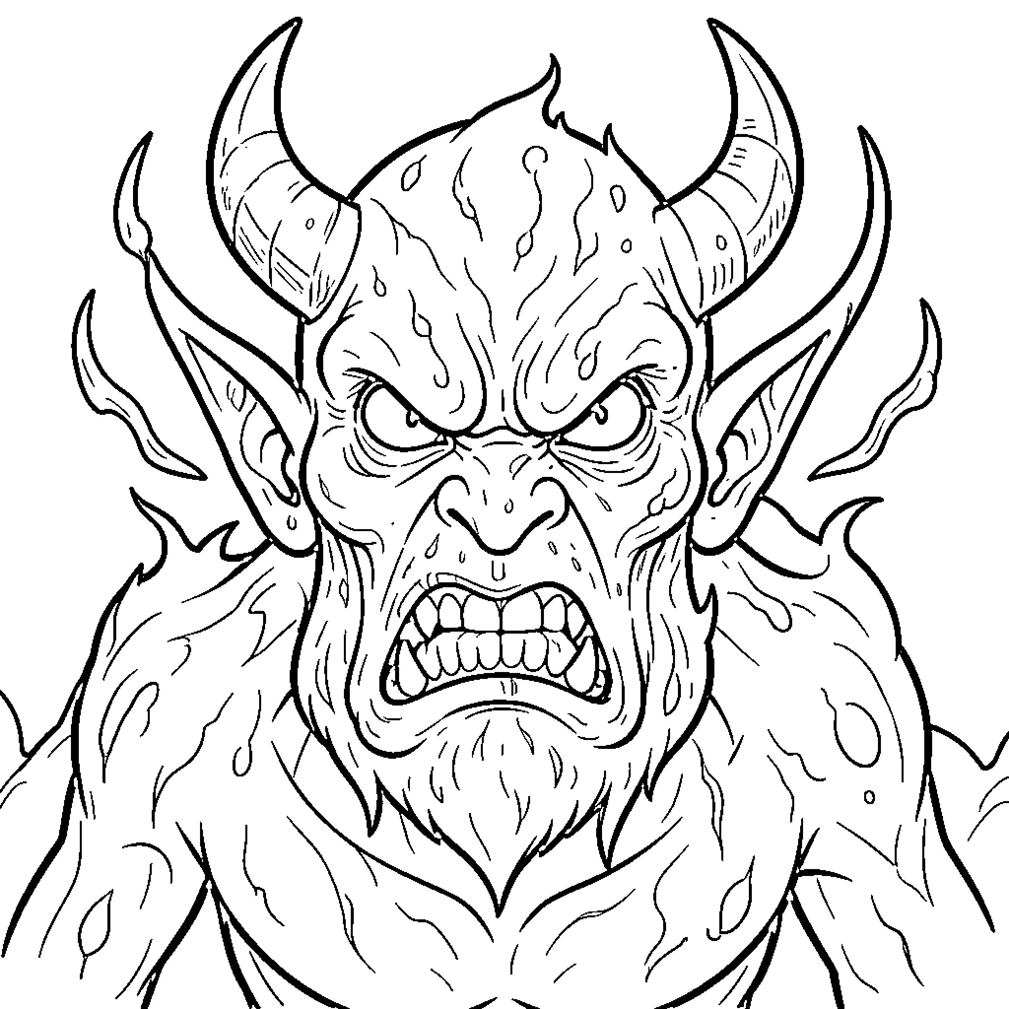 Monster with an angry expression and large horns Coloring Page (free black-and-white line drawing printable PDF for all, from beginners to advanced learners, including children, teens, adults, and seniors)