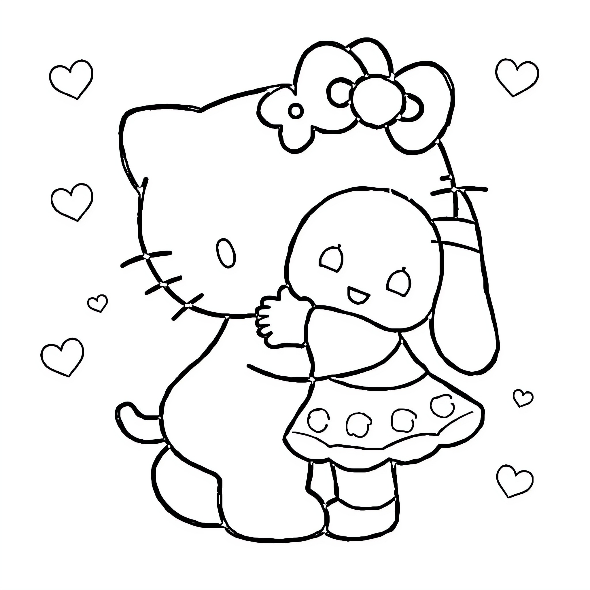 Hello Kitty playing with hearts and flowers Coloring Page (free black-and-white line drawing printable PDF for all, from beginners to advanced learners, including children, teens, adults, and seniors)