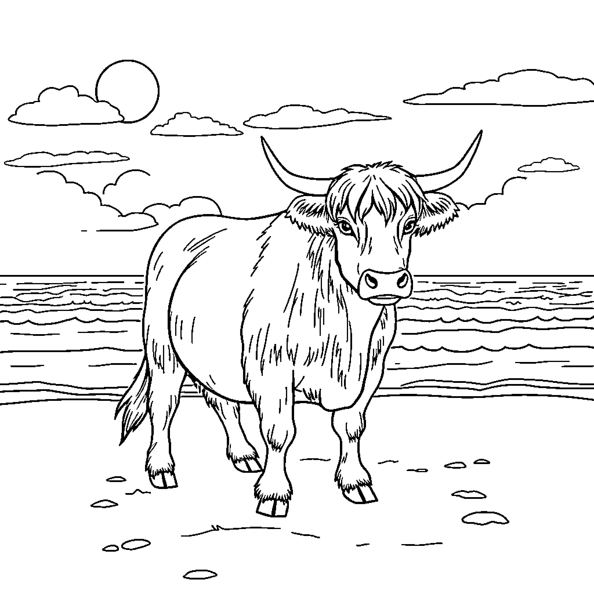 Highland Cow standing proudly by the sea Coloring Page (free black-and-white line drawing printable PDF for all, from beginners to advanced learners, including children, teens, adults, and seniors)