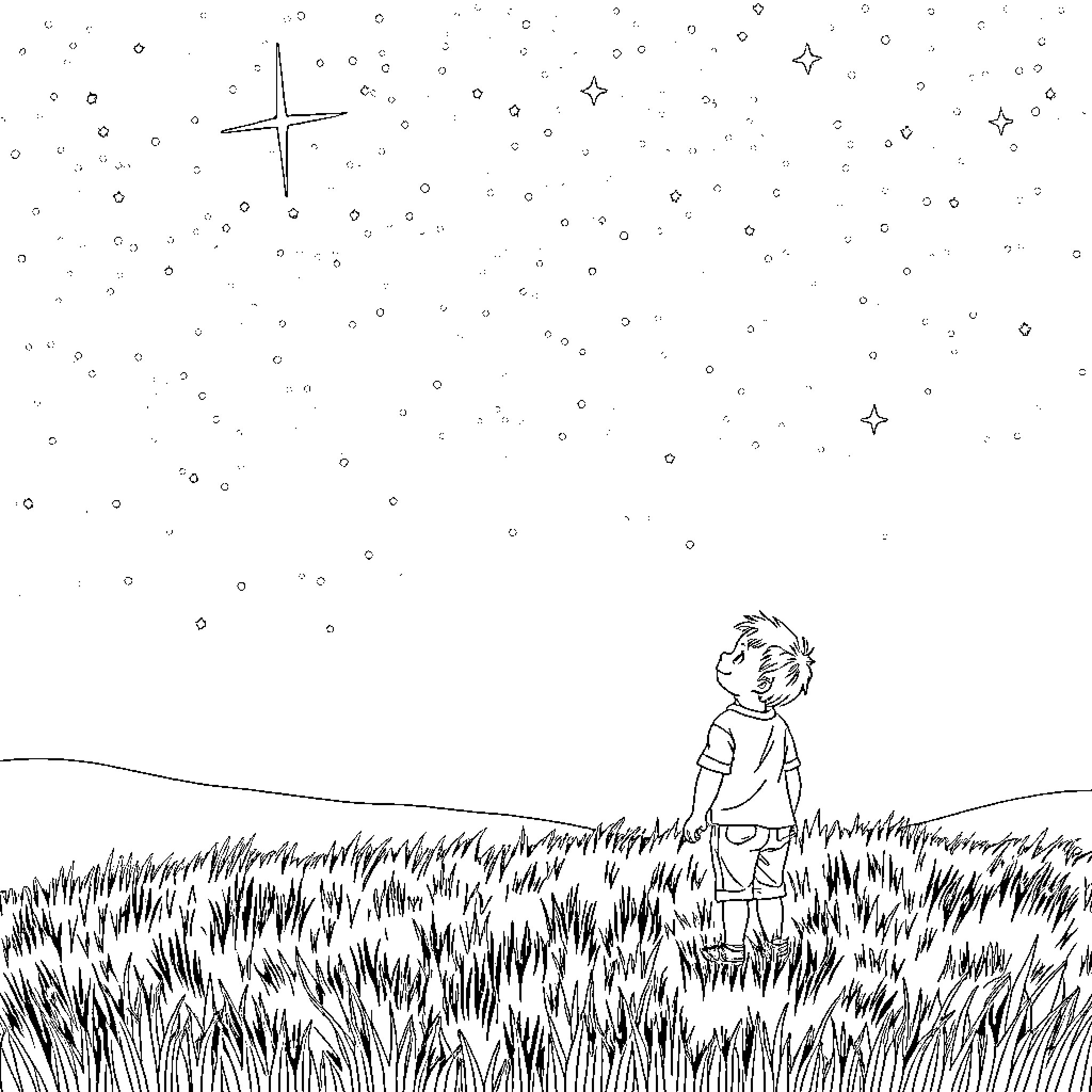 Boy gazing at the night sky with wonder Coloring Page (free black-and-white line drawing printable PDF for all, from beginners to advanced learners, including children, teens, adults, and seniors)