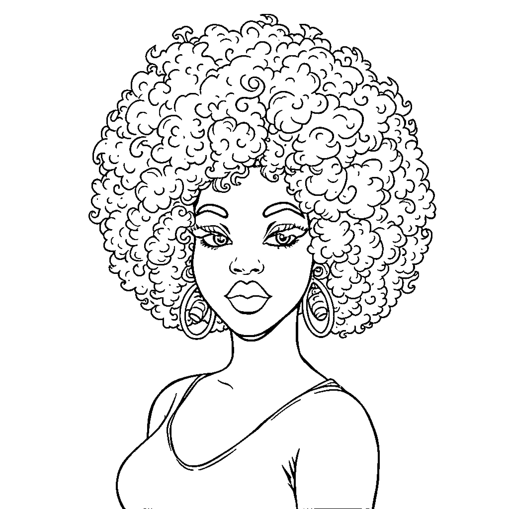 Girl with Curly Hair and Earrings Coloring Page (free black-and-white line drawing printable PDF for all, from beginners to advanced learners, including children, teens, adults, and seniors)