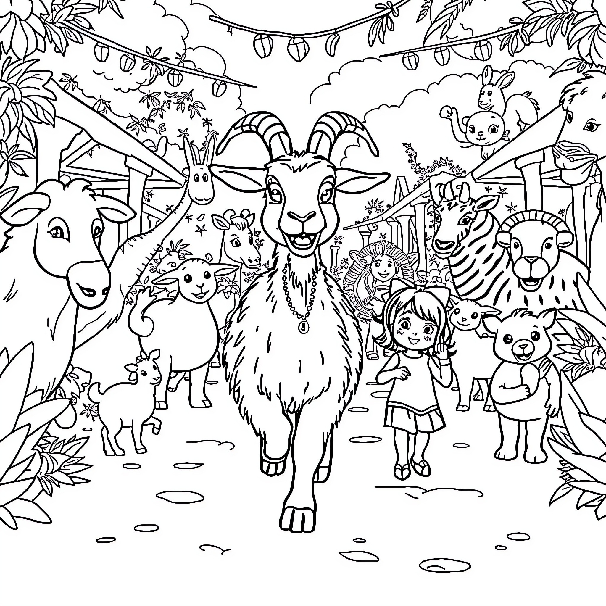 Goat and friends enjoying the outdoor party Coloring Page (free black-and-white line drawing printable PDF for all, from beginners to advanced learners, including children, teens, adults, and seniors)