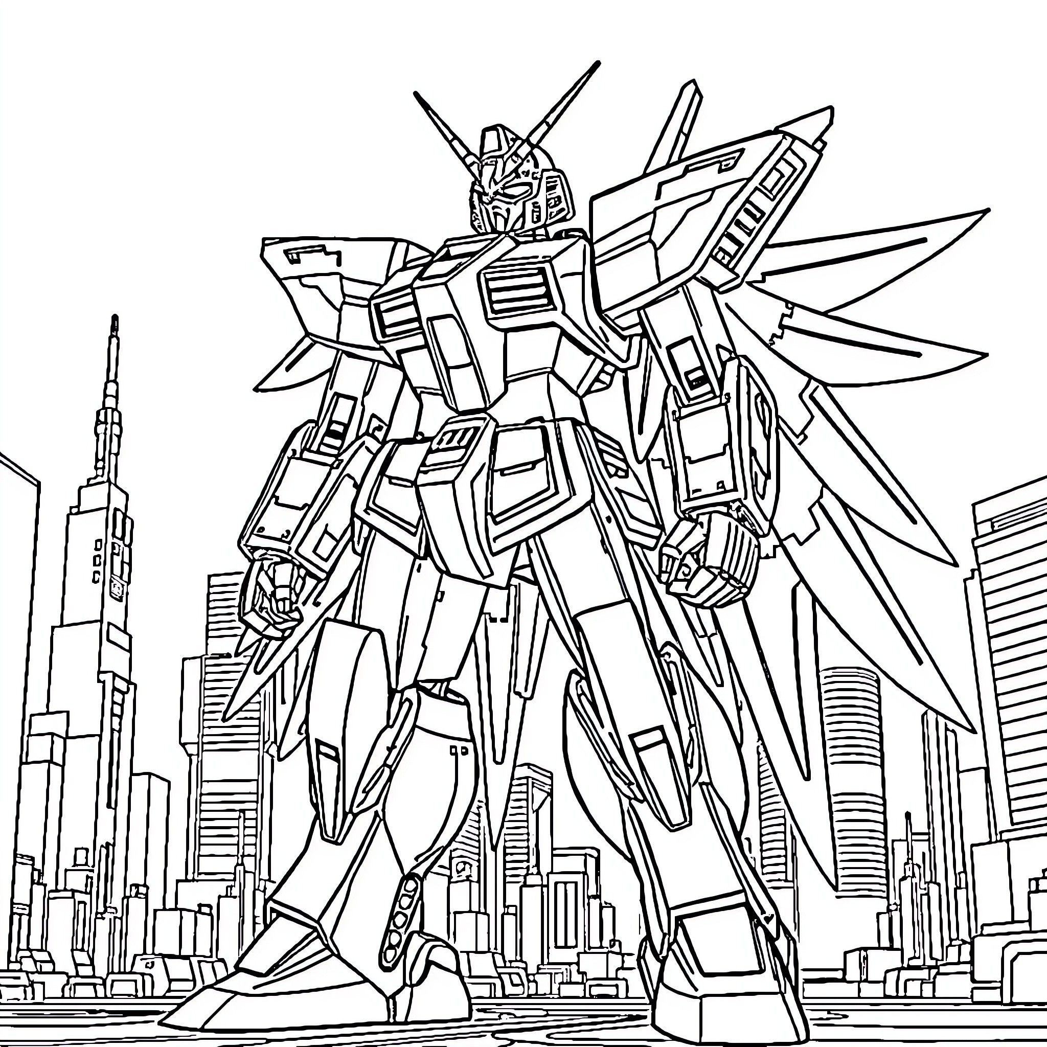 Gundam Unicorn mech in heroic pose over cityscape Coloring Page (free black-and-white line drawing printable PDF for all, from beginners to advanced learners, including children, teens, adults, and seniors)
