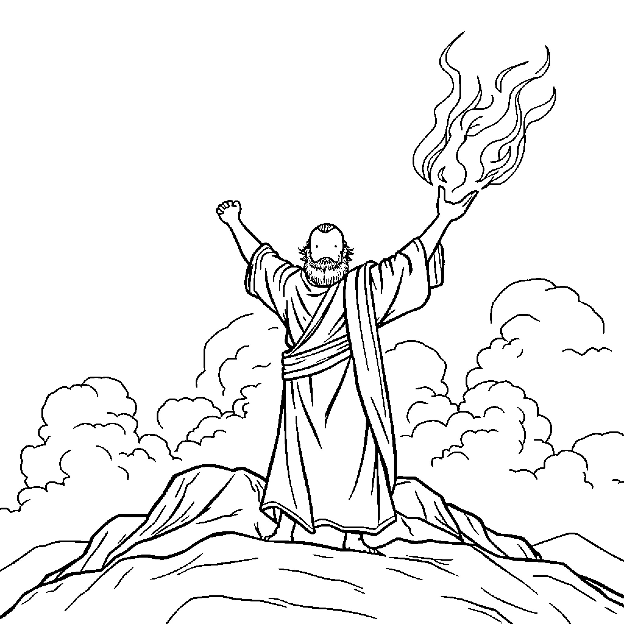 Elijah ascending to heaven in a whirlwind Coloring Page (free black-and-white line drawing printable PDF for all, from beginners to advanced learners, including children, teens, adults, and seniors)