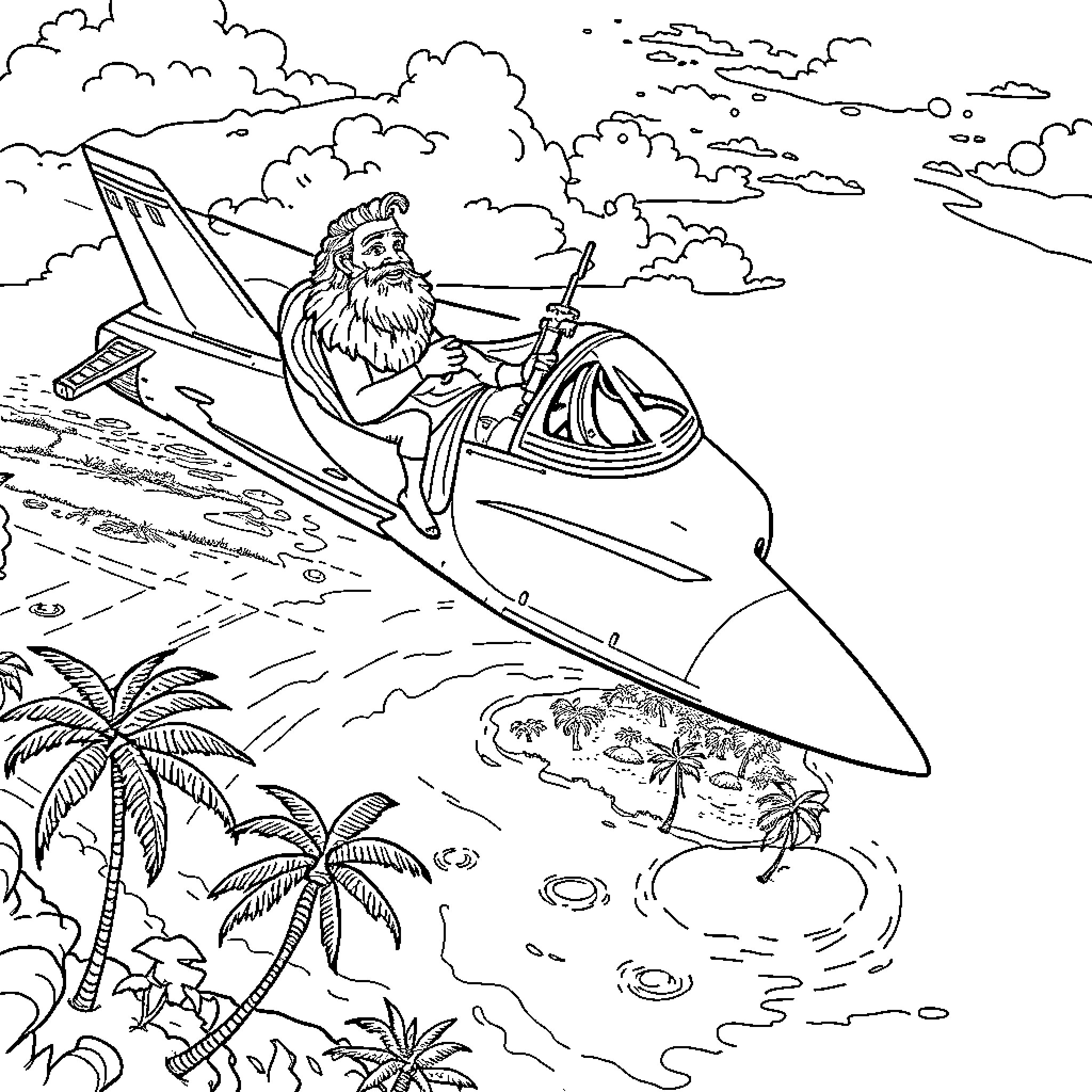 Aesop's Fantastic Jet-Powered Adventure Coloring Page (free black-and-white line drawing printable PDF for all, from beginners to advanced learners, including children, teens, adults, and seniors)