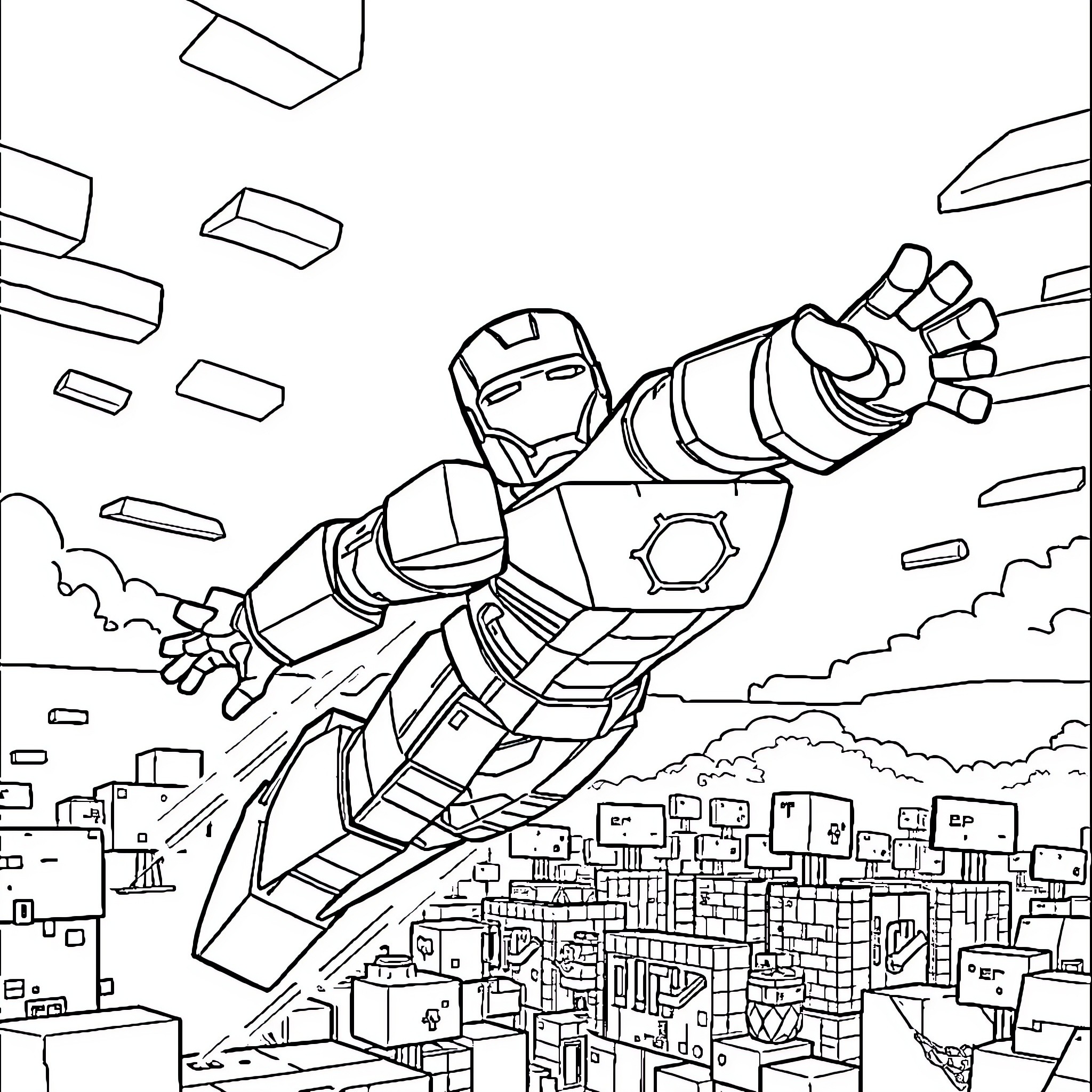 Iron Man soaring over the city in an action-packed scene Coloring Page (free black-and-white line drawing printable PDF for all, from beginners to advanced learners, including children, teens, adults, and seniors)