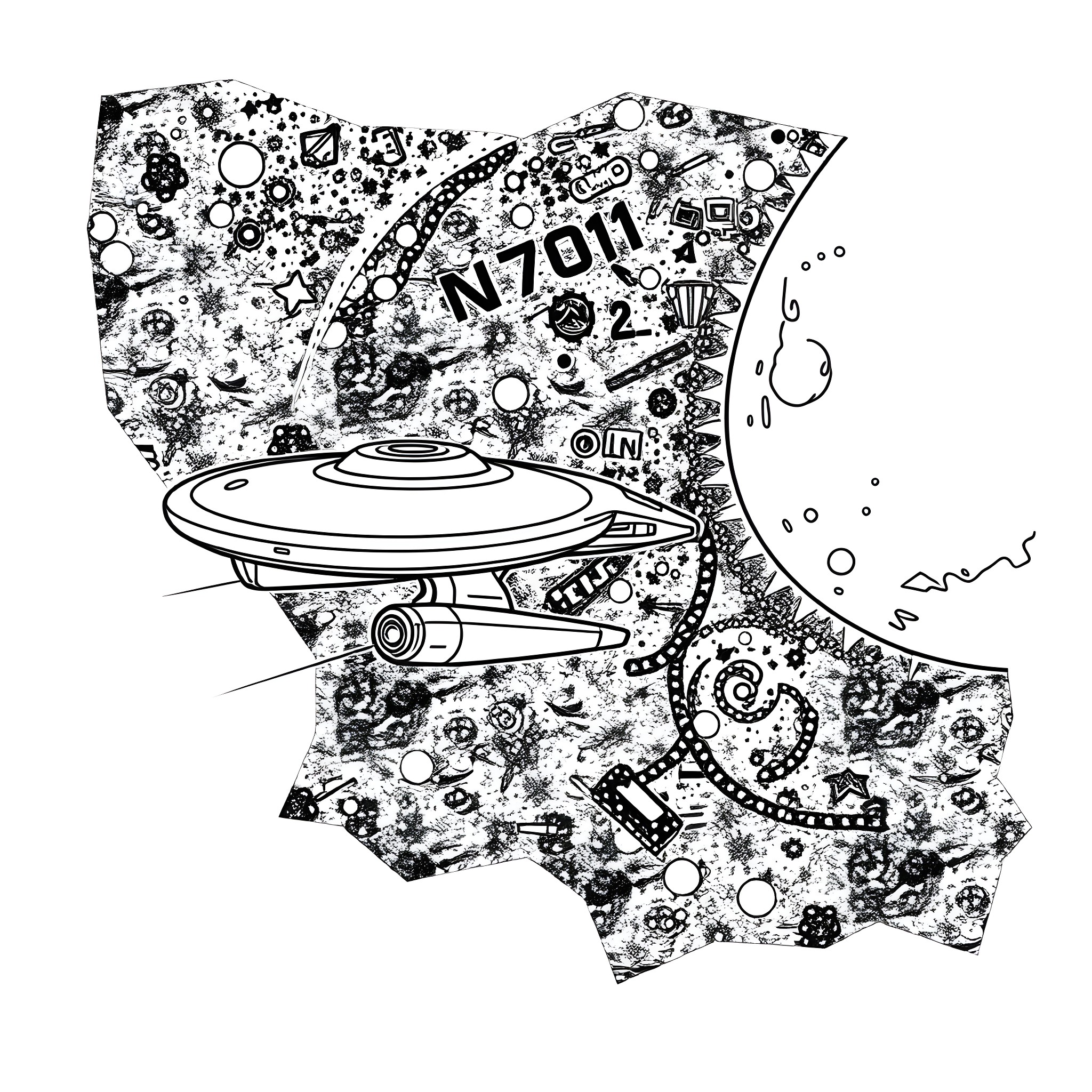 Ncc-1701 Cosmic Odyssey of Space Exploration Coloring Page (free black-and-white line drawing printable PDF for all, from beginners to advanced learners, including children, teens, adults, and seniors)