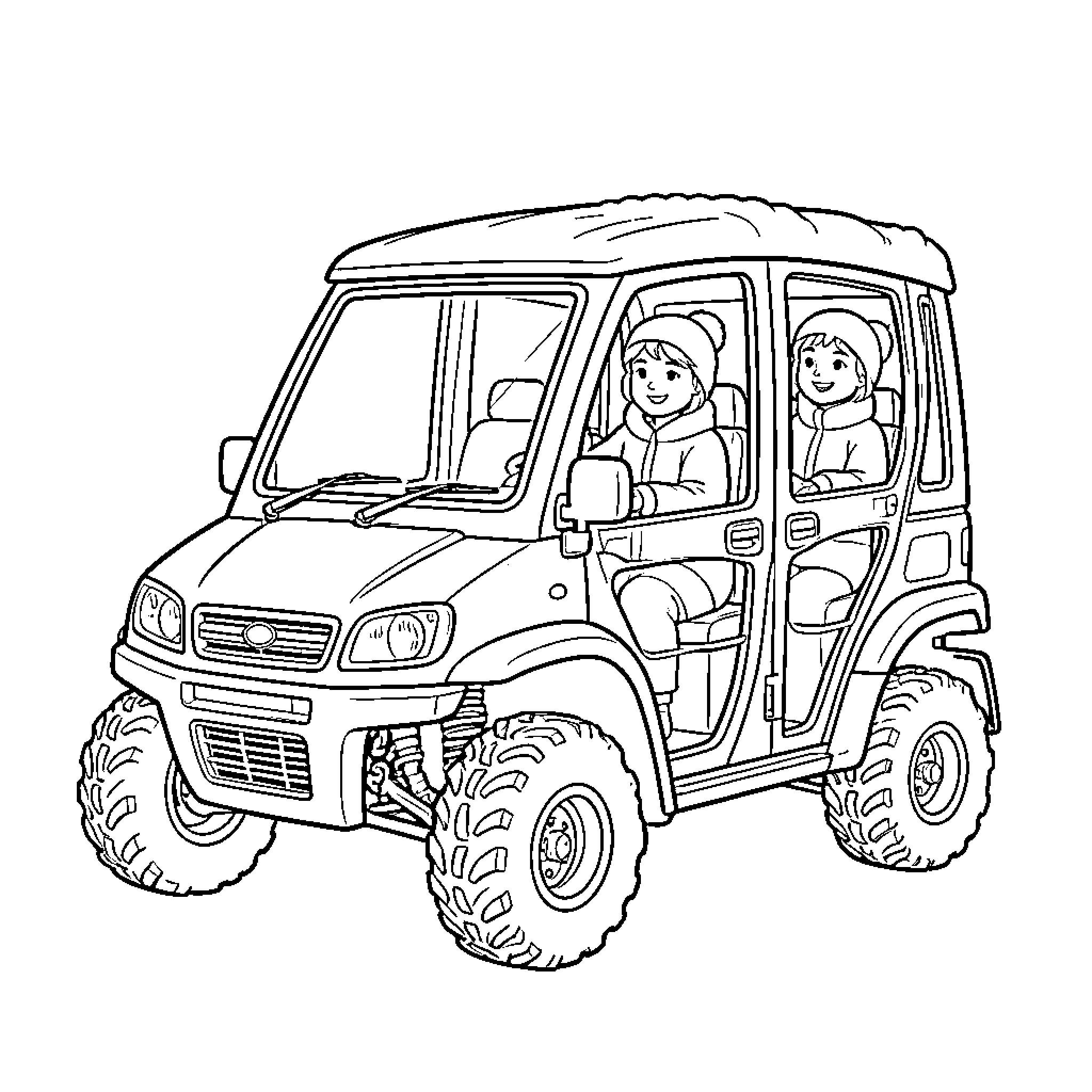 Fourwheeler transporting two riders on rugged terrain Coloring Page (free black-and-white line drawing printable PDF for all, from beginners to advanced learners, including children, teens, adults, and seniors)