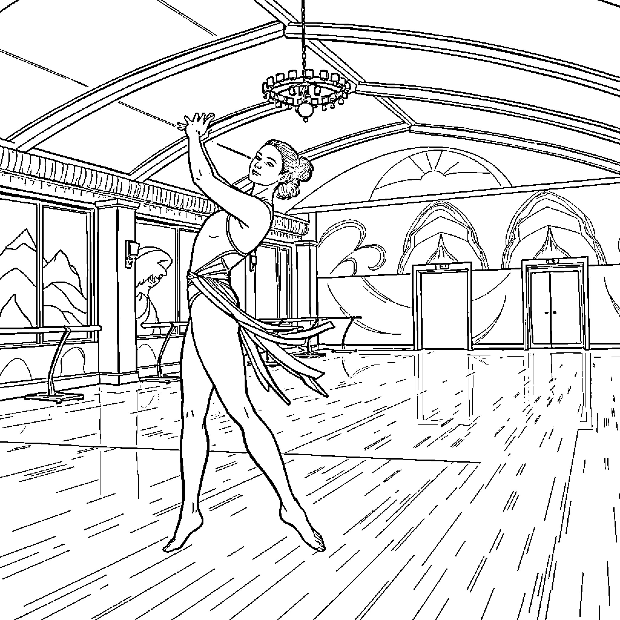 Artistic Gymnast Performing Graceful Routine in Ornate Hall Coloring Page (free black-and-white line drawing printable PDF for all, from beginners to advanced learners, including children, teens, adults, and seniors)