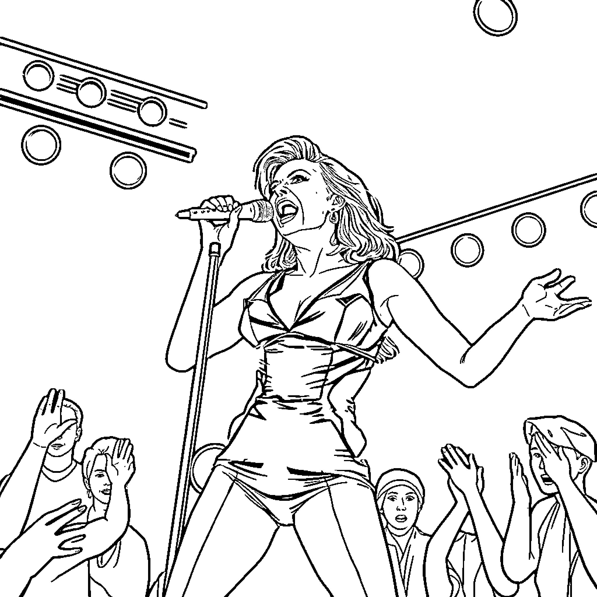 Kylie Minogue performing energetically on stage Coloring Page (free black-and-white line drawing printable PDF for all, from beginners to advanced learners, including children, teens, adults, and seniors)