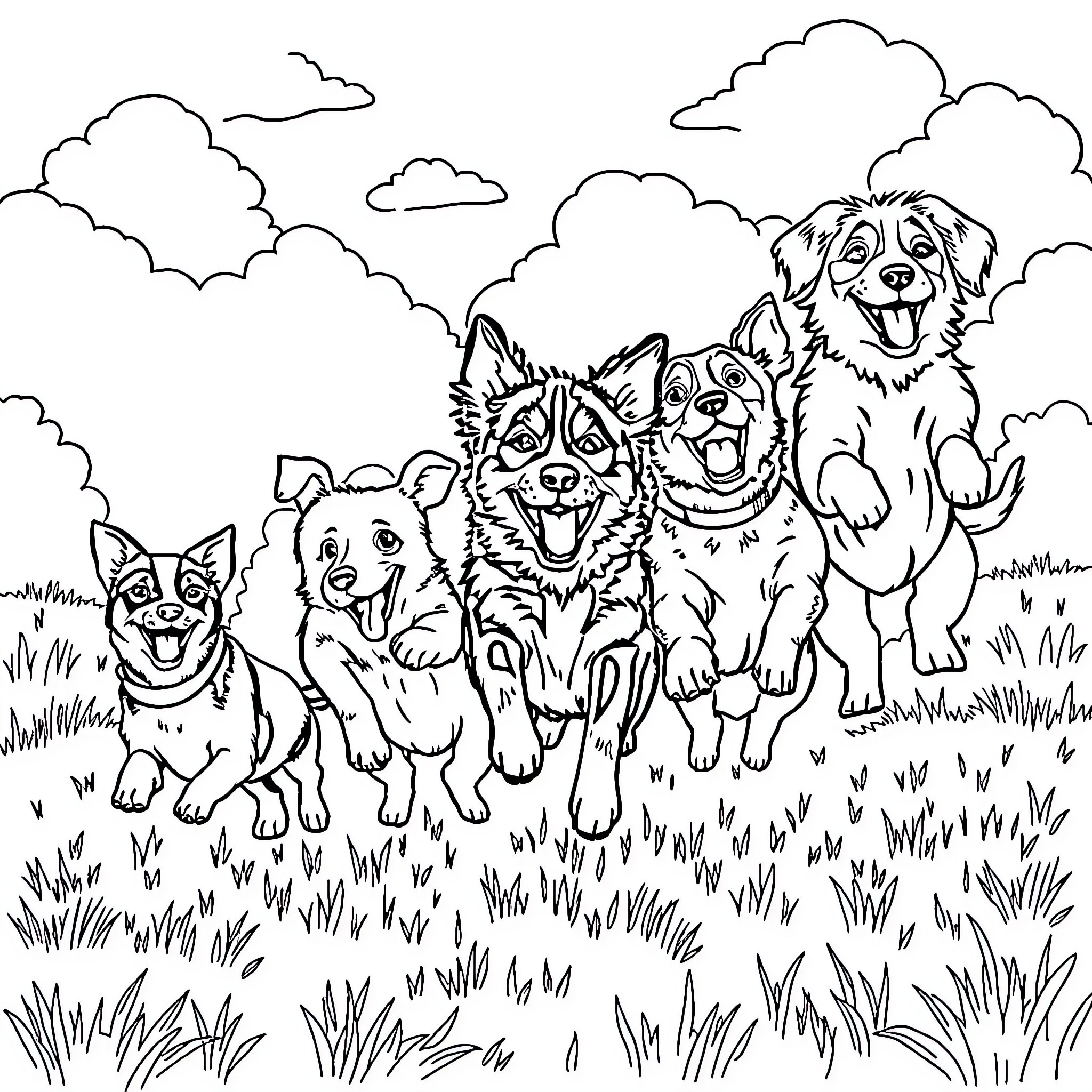 Dog pack playing joyfully in the meadow Coloring Page (free black-and-white line drawing printable PDF for all, from beginners to advanced learners, including children, teens, adults, and seniors)