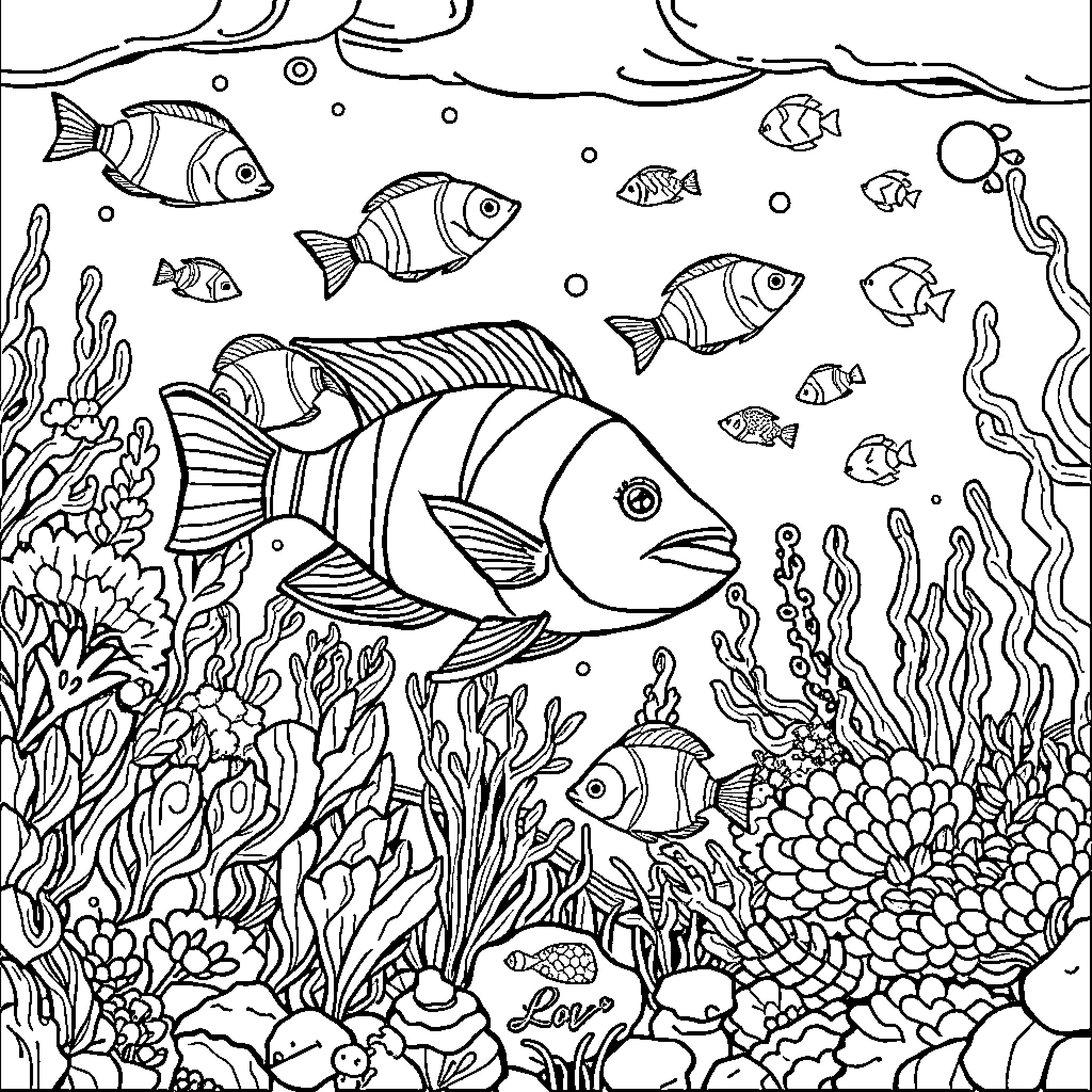 Underwater Aquatic Scene with Diverse Marine Life Coloring Page (free black-and-white line drawing printable PDF for all, from beginners to advanced learners, including children, teens, adults, and seniors)
