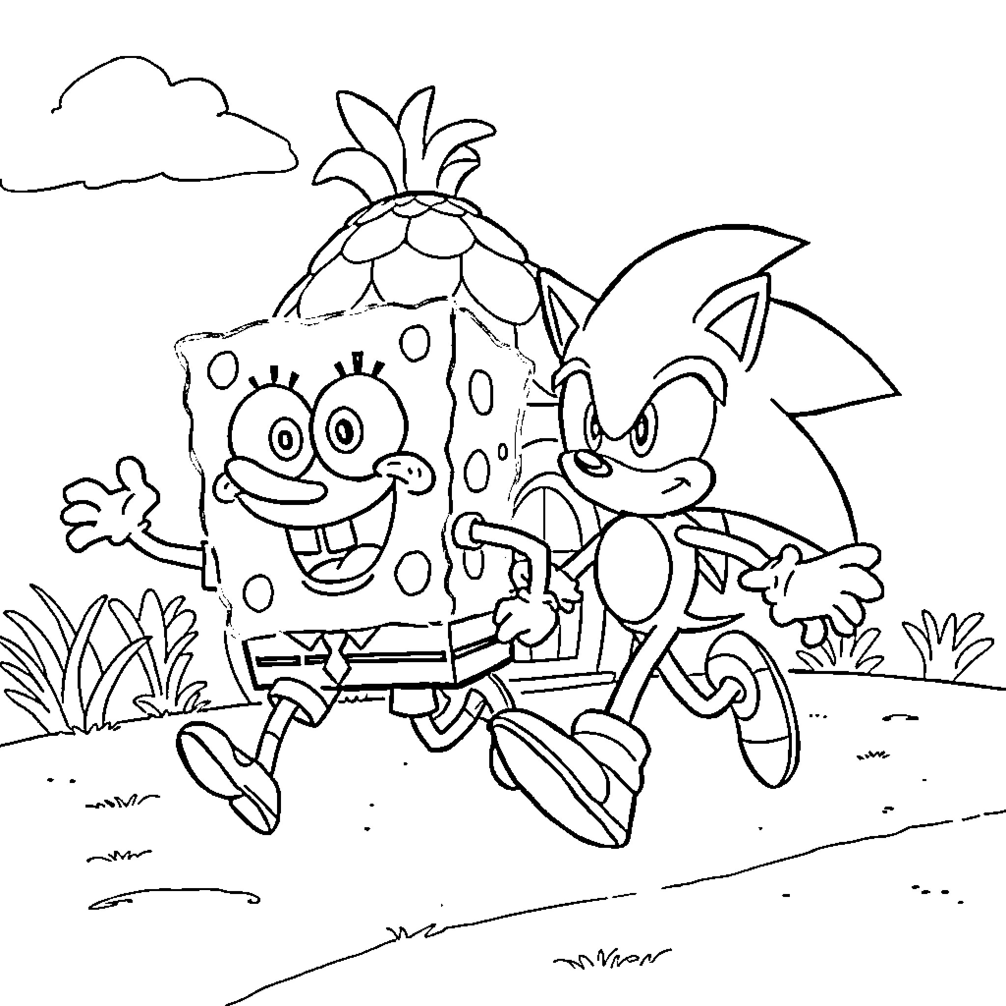 Spongebob and Sonic running together in the park Coloring Page (free black-and-white line drawing printable PDF for all, from beginners to advanced learners, including children, teens, adults, and seniors)