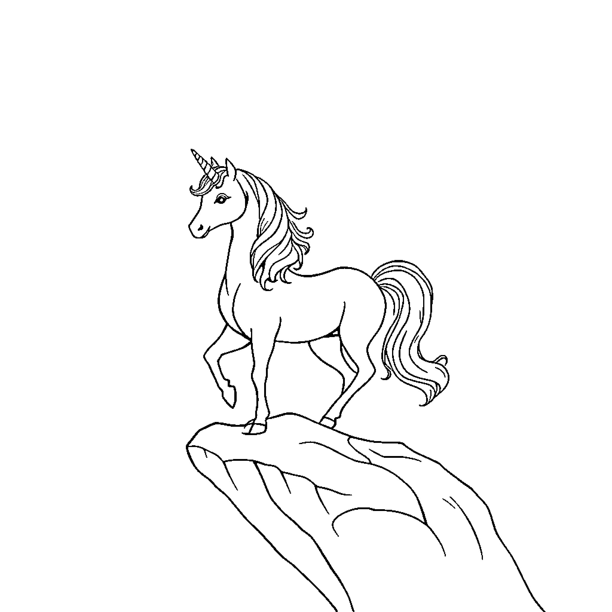 Unicorn standing on a cliff Coloring Page (free black-and-white line drawing printable PDF for all, from beginners to advanced learners, including children, teens, adults, and seniors)