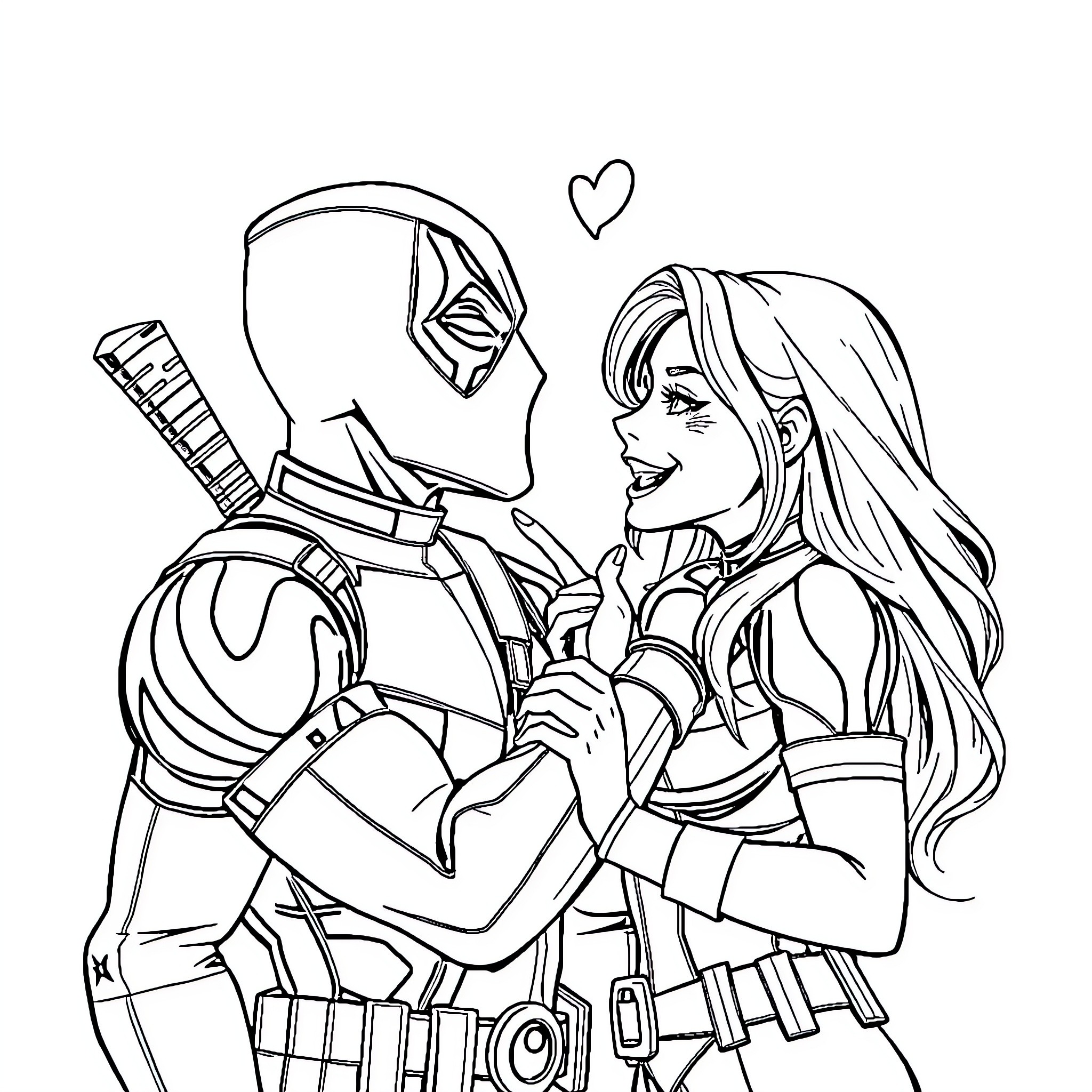 Deadpool flirting with a woman in an action pose Coloring Page (free black-and-white line drawing printable PDF for all, from beginners to advanced learners, including children, teens, adults, and seniors)