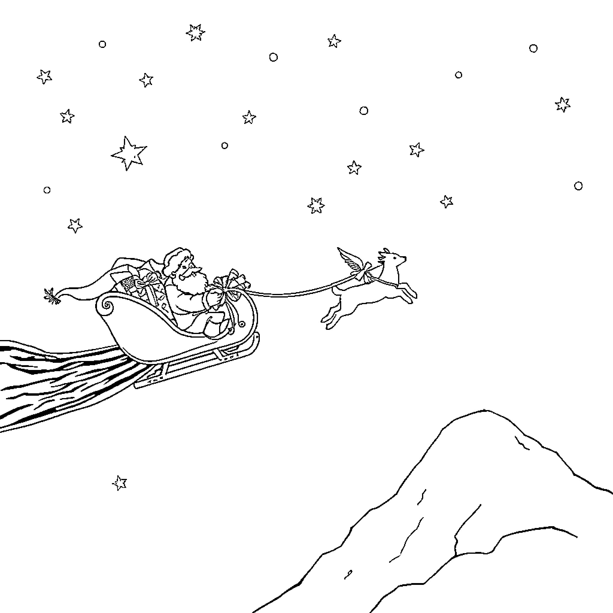 Santa's Sleigh Soaring through Starry Night Sky Coloring Page (free black-and-white line drawing printable PDF for all, from beginners to advanced learners, including children, teens, adults, and seniors)