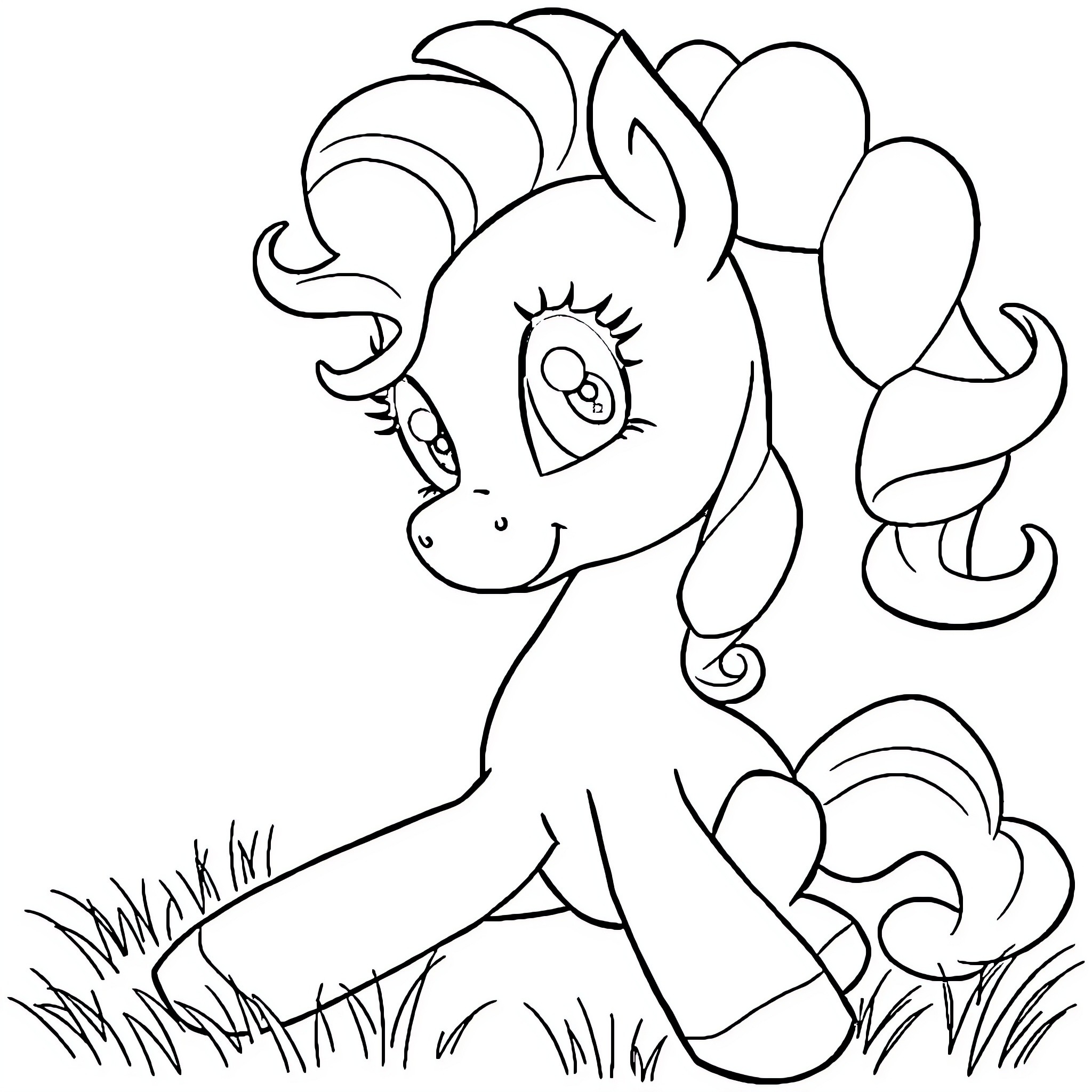 Pony sitting in the grass with a happy expression Coloring Page (free black-and-white line drawing printable PDF for all, from beginners to advanced learners, including children, teens, adults, and seniors)