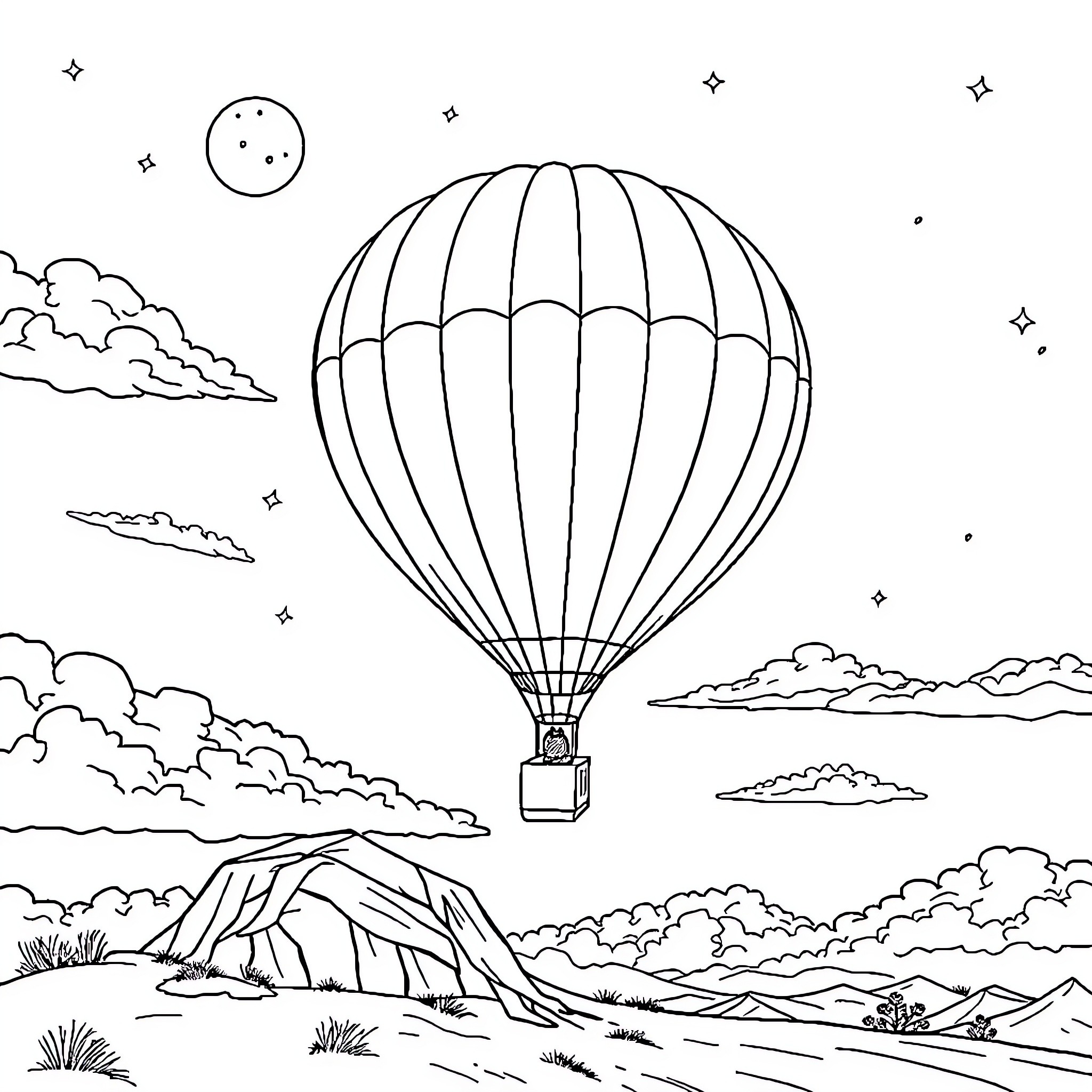 Hot Air Balloon Floating Over Scenic Landscape Coloring Page (free black-and-white line drawing printable PDF for all, from beginners to advanced learners, including children, teens, adults, and seniors)