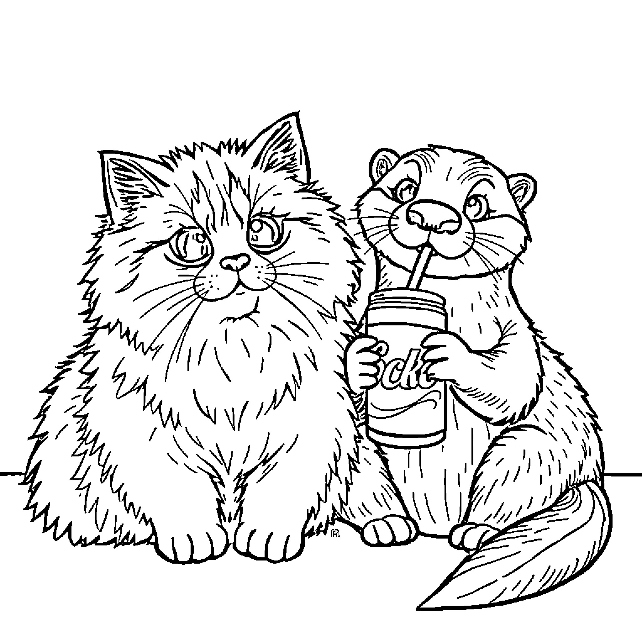 Cat and Hamster Enjoying Drinks Together Coloring Page (free black-and-white line drawing printable PDF for all, from beginners to advanced learners, including children, teens, adults, and seniors)