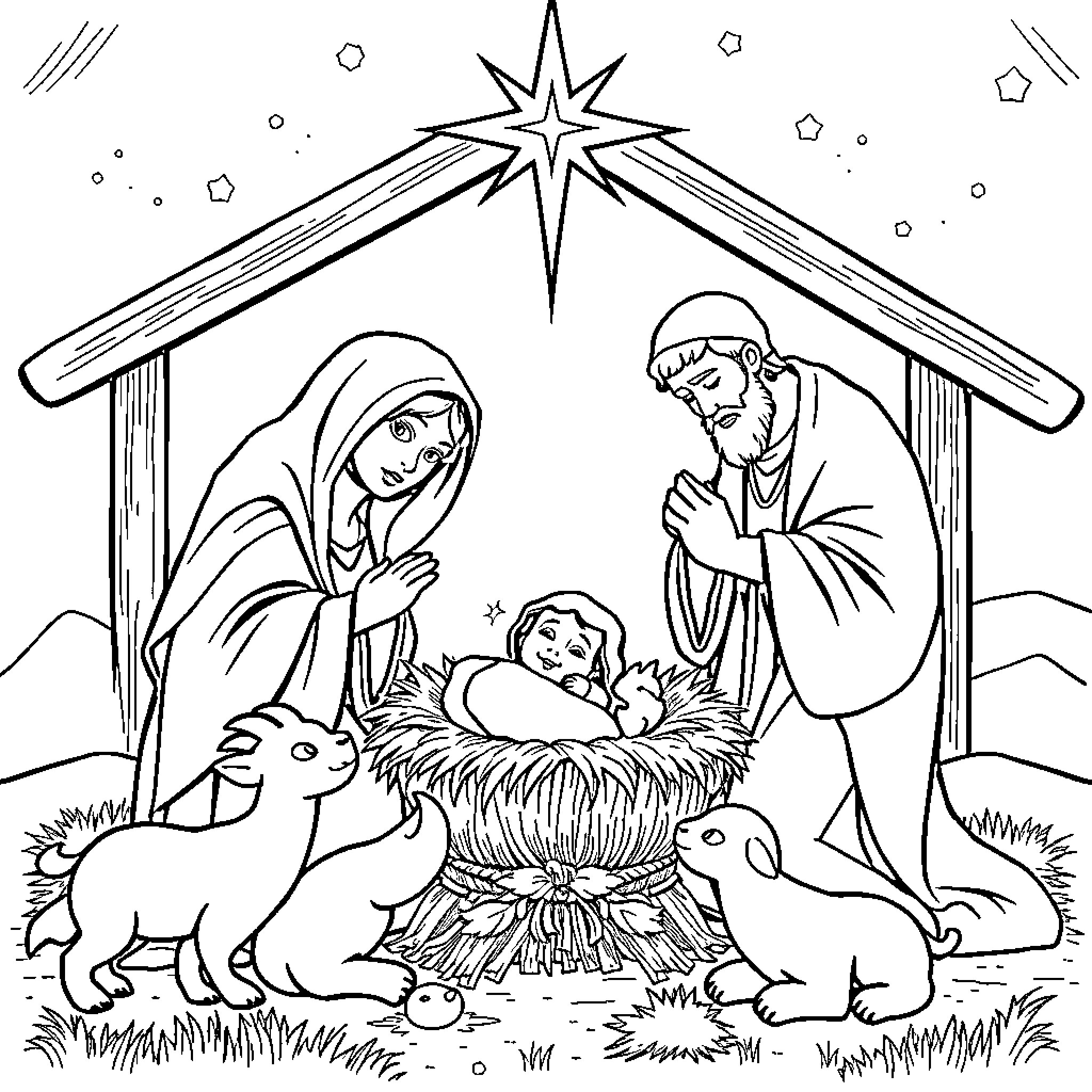 Nativity Scene with Holy Family and Animals Coloring Page (free black-and-white line drawing printable PDF for all, from beginners to advanced learners, including children, teens, adults, and seniors)